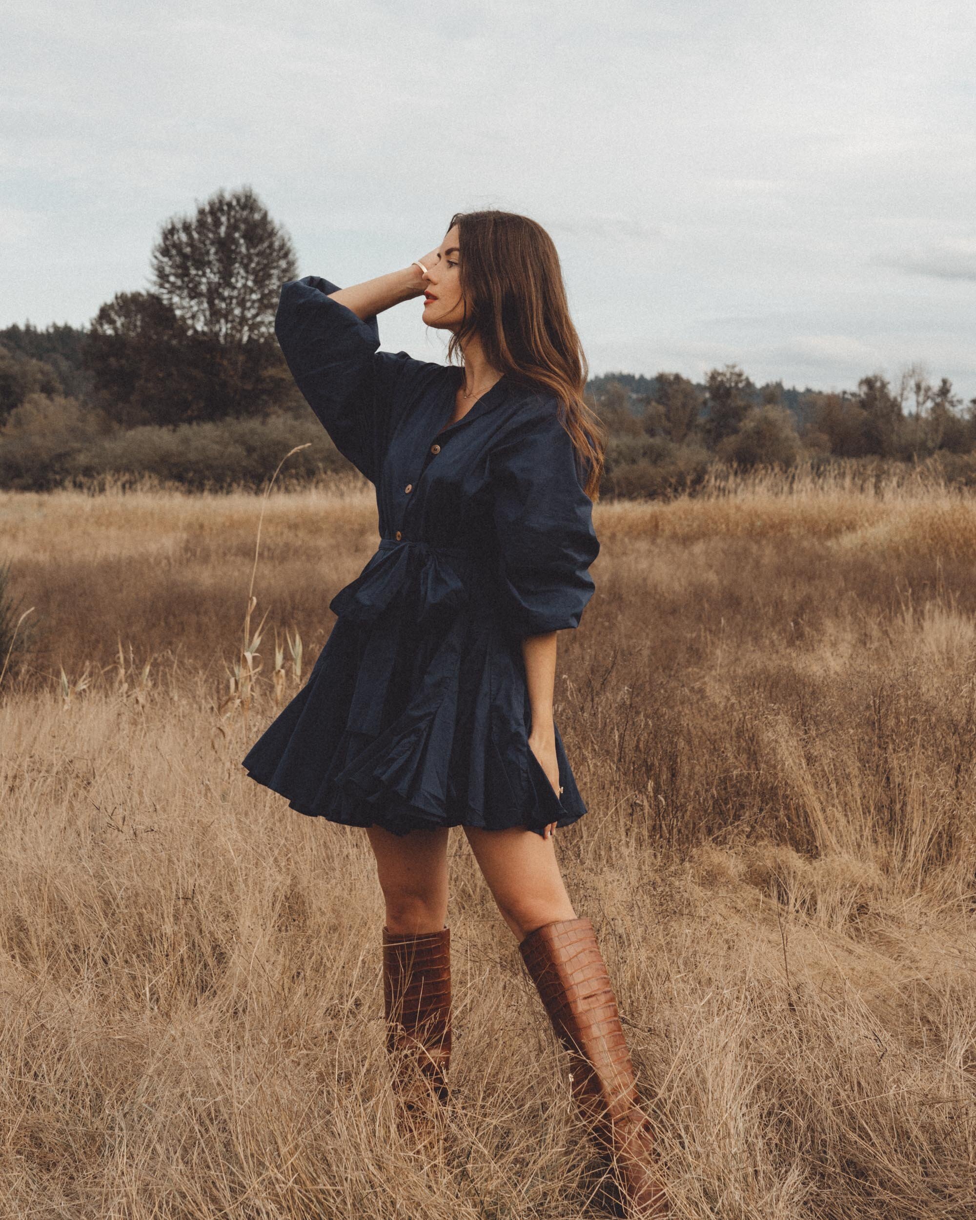 Chic Fall Dress Outfit: Rhode Emma Tie-Waist Flared Navy Dress — Sarah  Christine