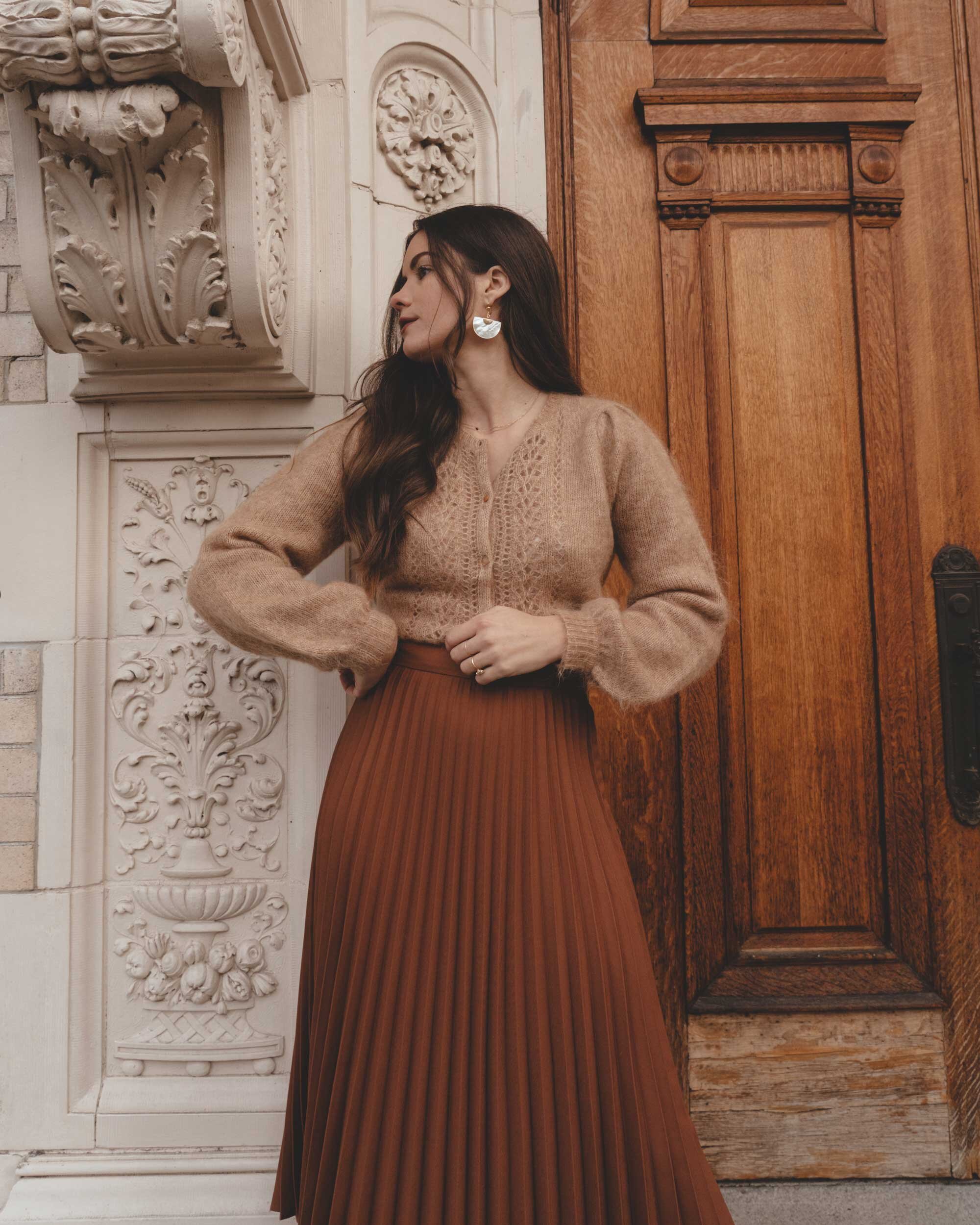 Chic French Inspired Winter Outfits from Sezane. Sarah Butler of @sarahchristine wearing Sezane Colombe shirt, Sezane Dino skirt, Sezane Scott trench, and Sezane Egide jumper in Seattle, Washington - 5.jpg