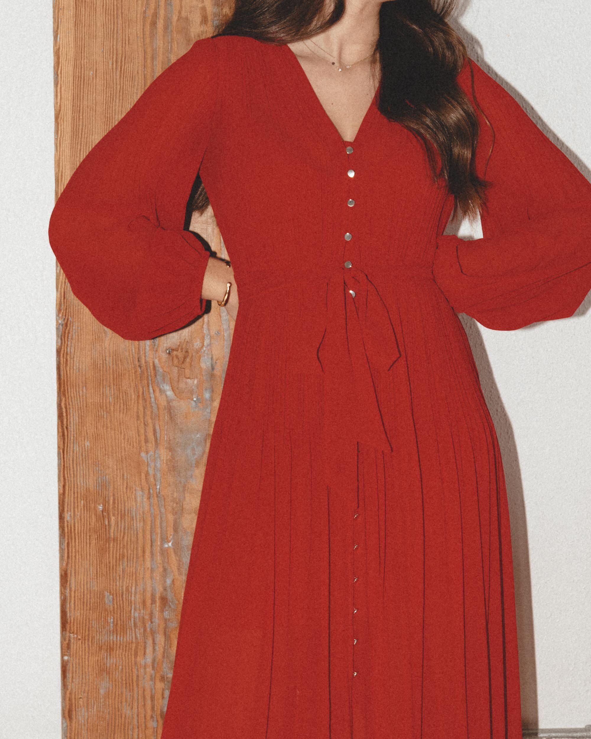 Sarah Butler of @sarahchristine wearing Maje Rochi Long Sleeve Red Pleated Maxi Dress with Belt in Seattle, Washington --5.jpg