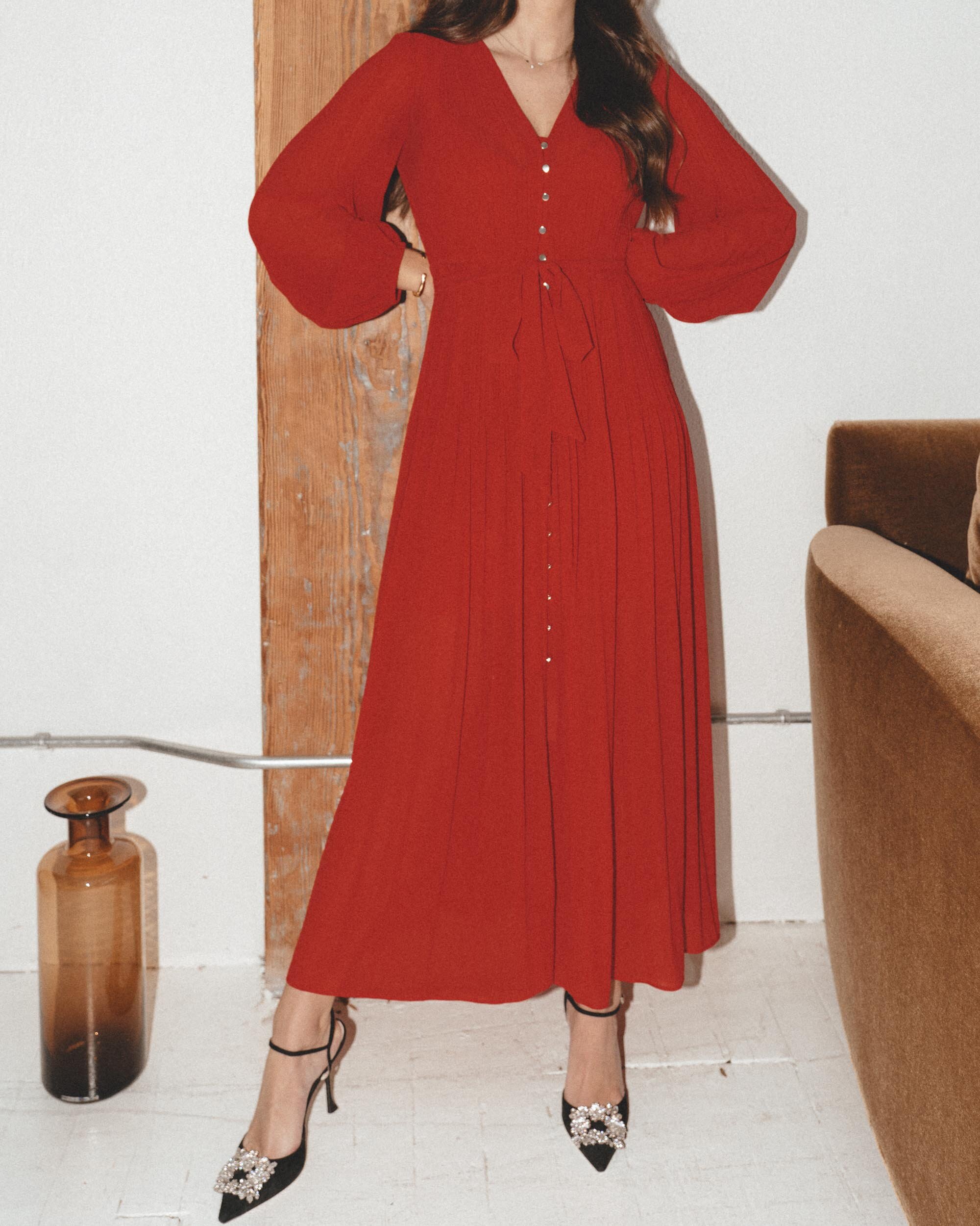 Sarah Butler of @sarahchristine wearing Maje Rochi Long Sleeve Red Pleated Maxi Dress with Belt in Seattle, Washington --4.jpg