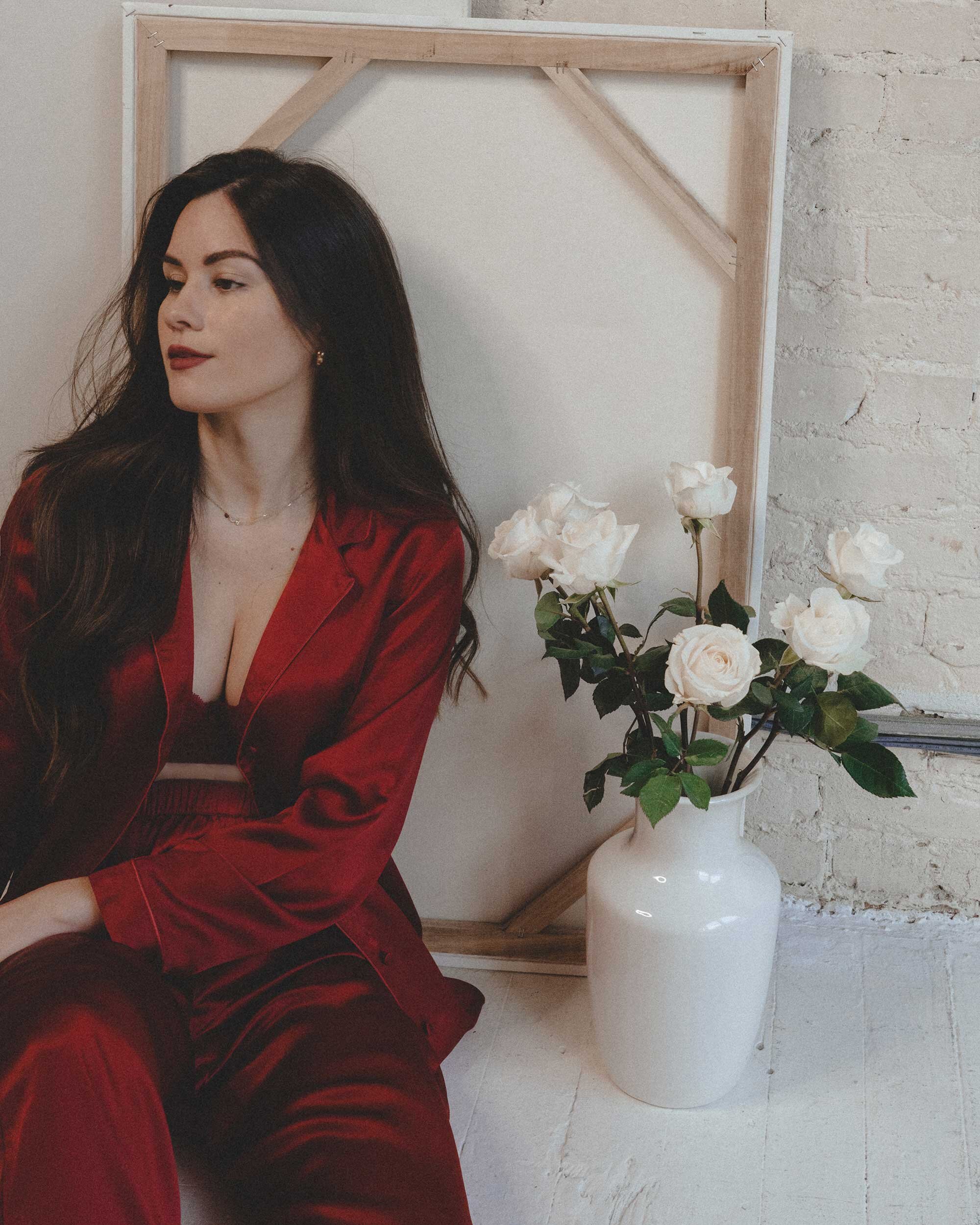 Perfect Chic Valentine’s Day Pajamas. Sarah Butler of @SarahChristine wearing  Intimissimi Red Silk Satin Boyfriend-fit Pajamas and Intimissimi Sofia Lace Balconette Bra for Valentine’s Day outfit -12.jpg