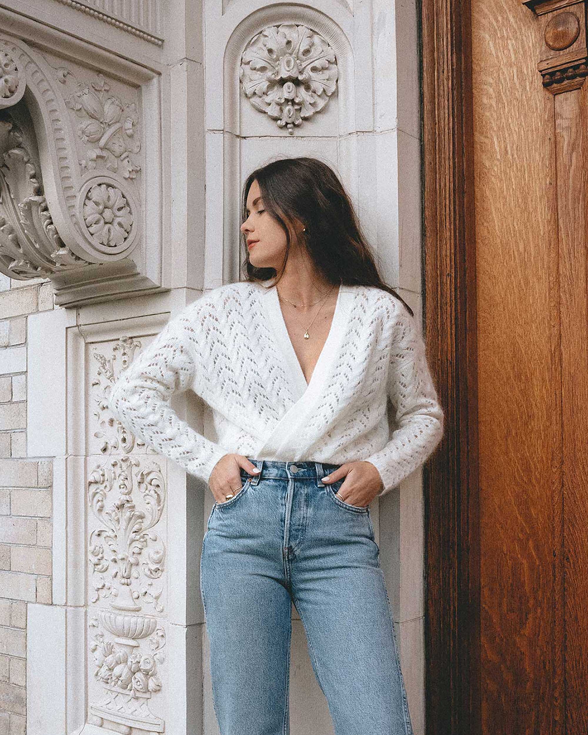 Easy winter outfit: sweater and jeans. Sarah Butler of @sarahchristine wearing & Other Stories Straight High Waist Jeans, Sezane Long-sleeved wool and mohair cardigan, pointy toe white pump. -3.jpg