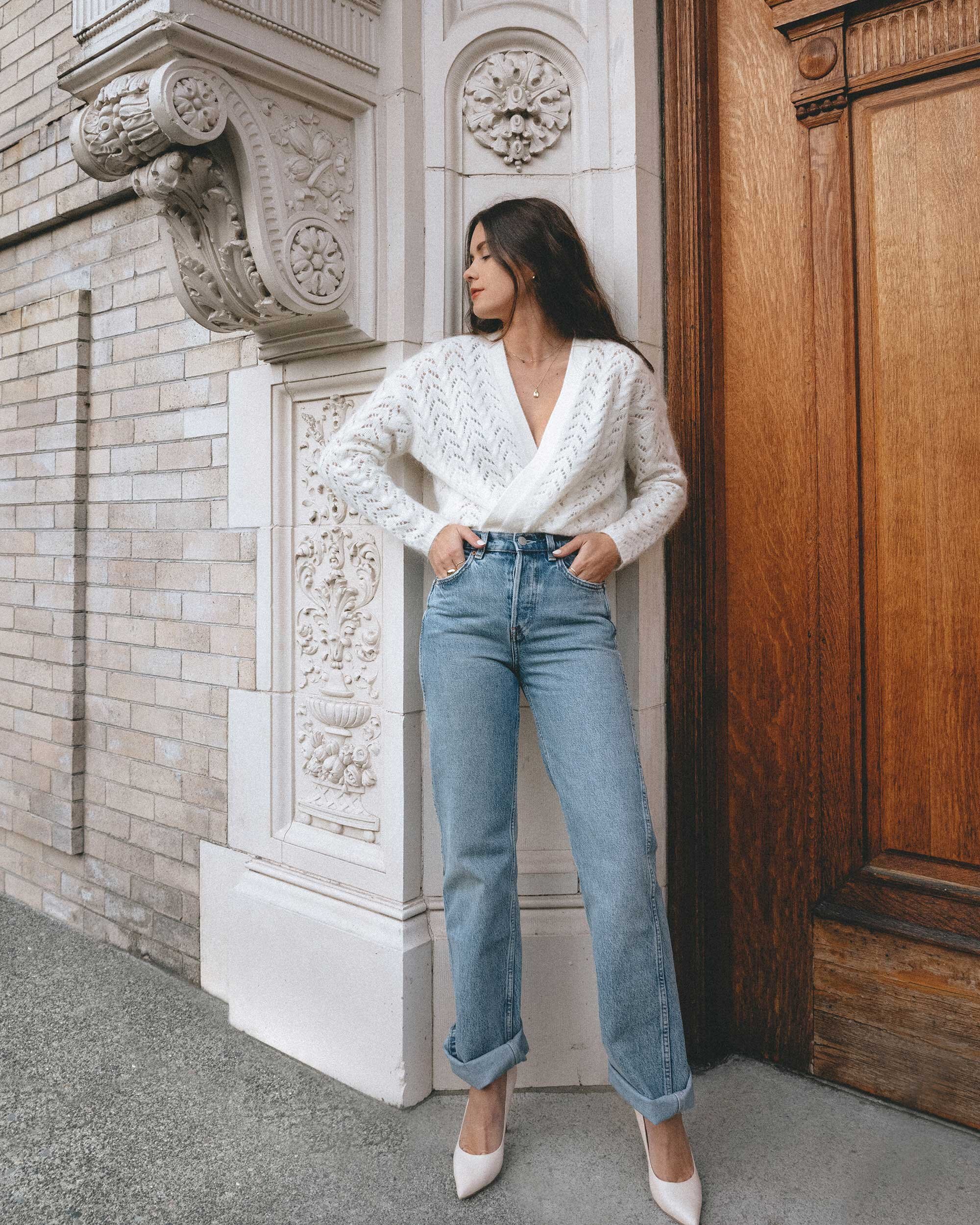 Easy winter outfit: sweater and jeans. Sarah Butler of @sarahchristine wearing & Other Stories Straight High Waist Jeans, Sezane Long-sleeved wool and mohair cardigan, pointy toe white pump. -1.jpg