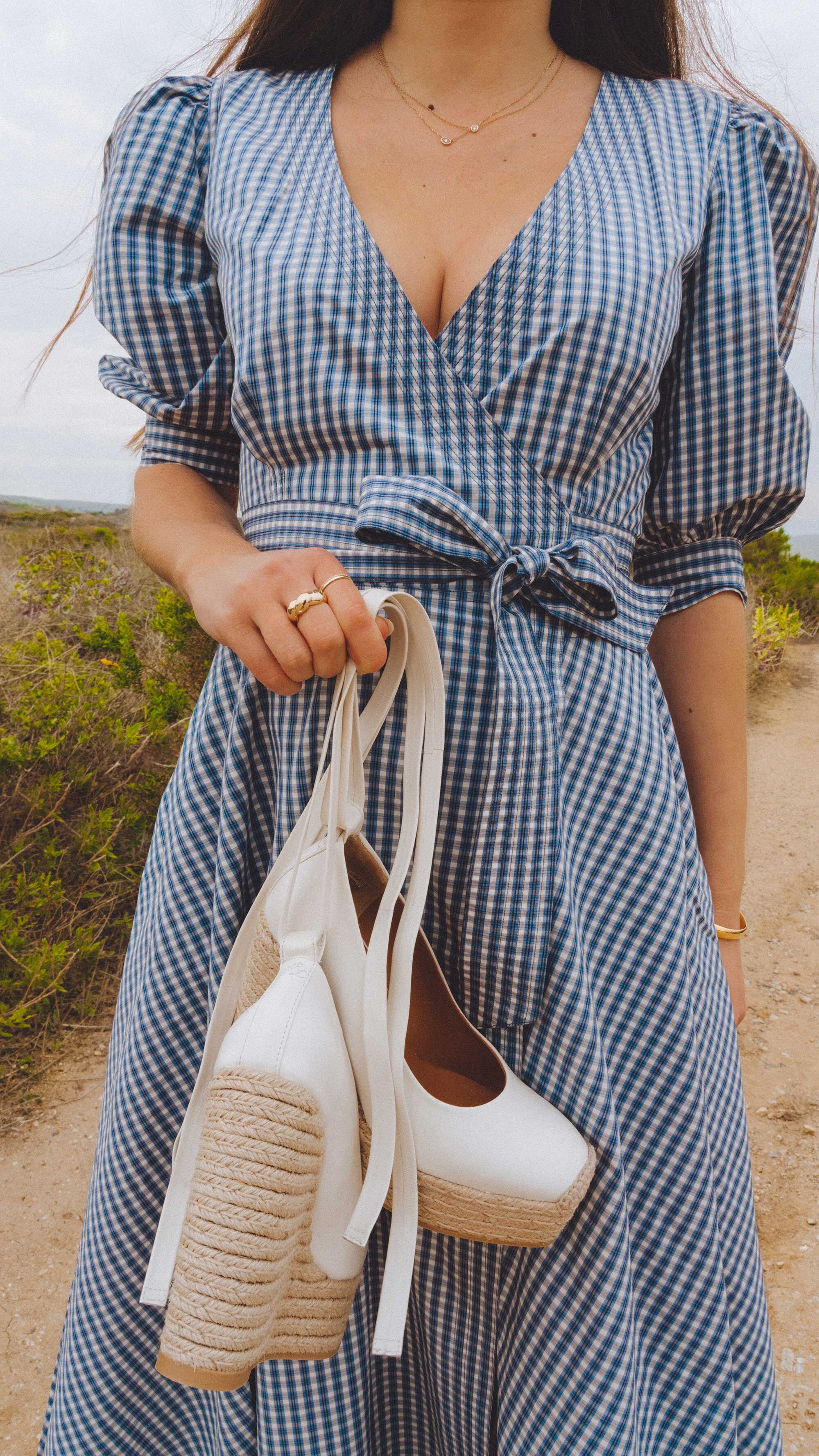 Feminine spring outfit idea: Gingham Cotton Wrap Dress. Sarah Butler of @sarahchristine wearing Polo Ralph Lauren Gingham Cotton Wrap Dress and white Leather Espadrilles in California - 5.jpg