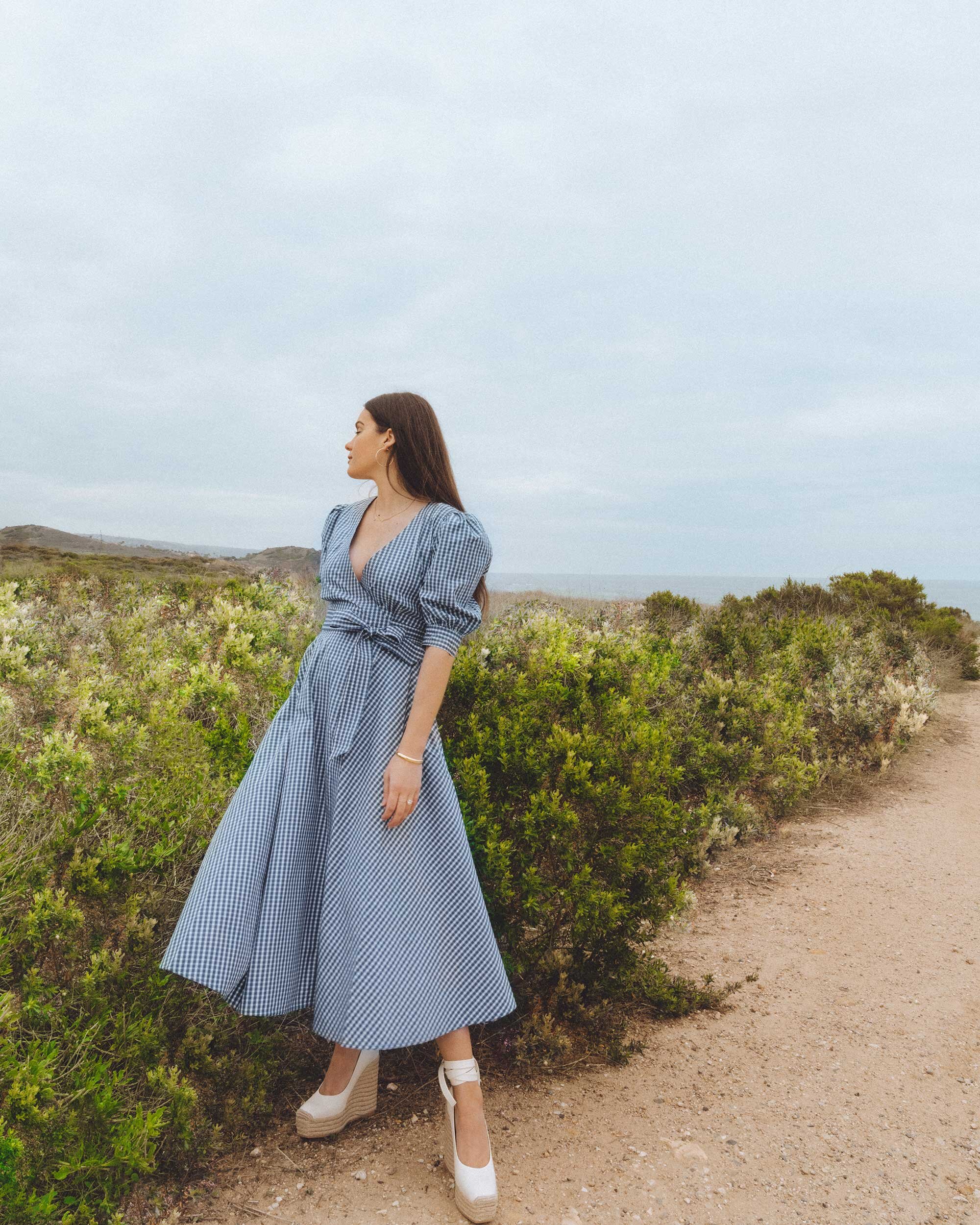 Feminine spring outfit idea: Gingham Cotton Wrap Dress. Sarah Butler of @sarahchristine wearing Polo Ralph Lauren Gingham Cotton Wrap Dress and white Leather Espadrilles in California - 6.jpg