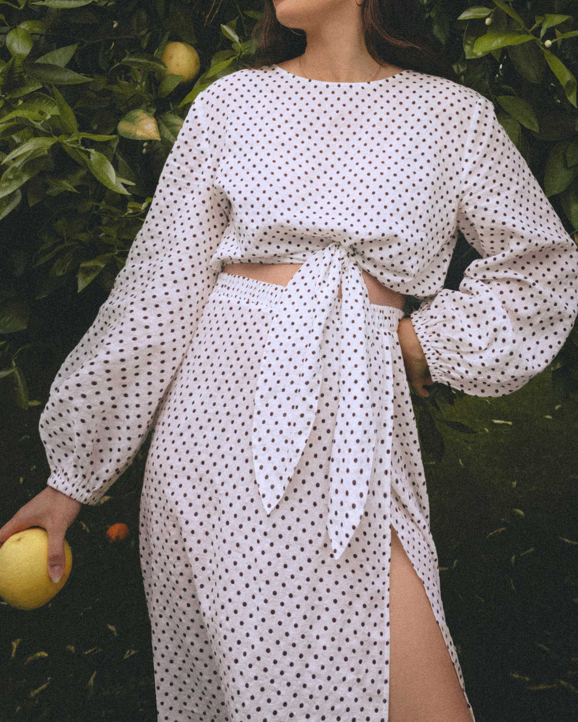 Cute Spring Outfit Idea Polka-dot blouse and skirt. Sarah Butler of @sarahchristine wearing Peony polka-dot organic cotton-blend blouse and Peony polka-dot maxi skirt with slit in California - 2.jpg