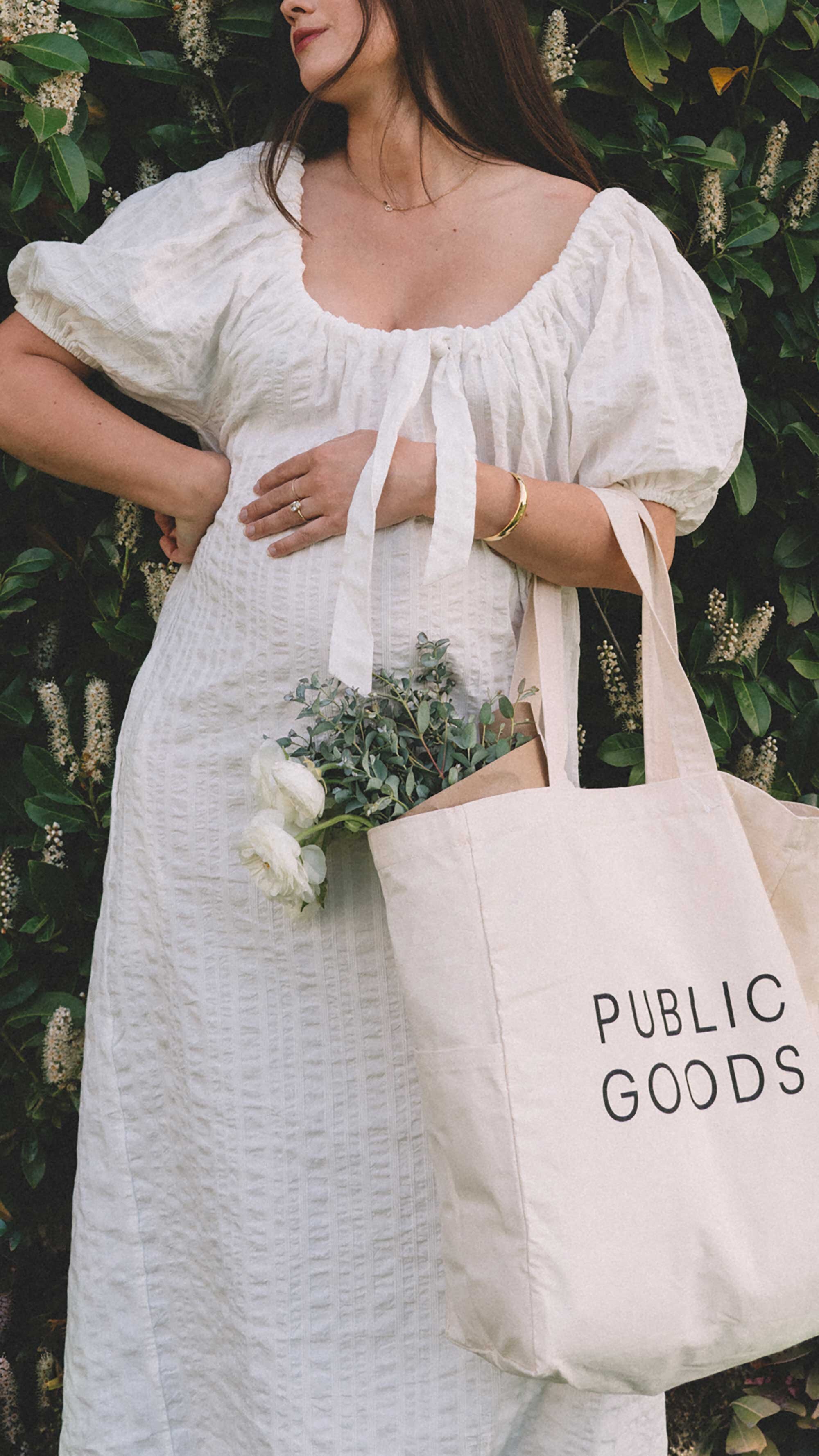 Spring Maternity Outfit Idea: white off the shoulder midi dress. Sarah Butler of @sarahchristine wearing Free People off the shoulder puff sleeve scoop neck midi dress - 6.jpg