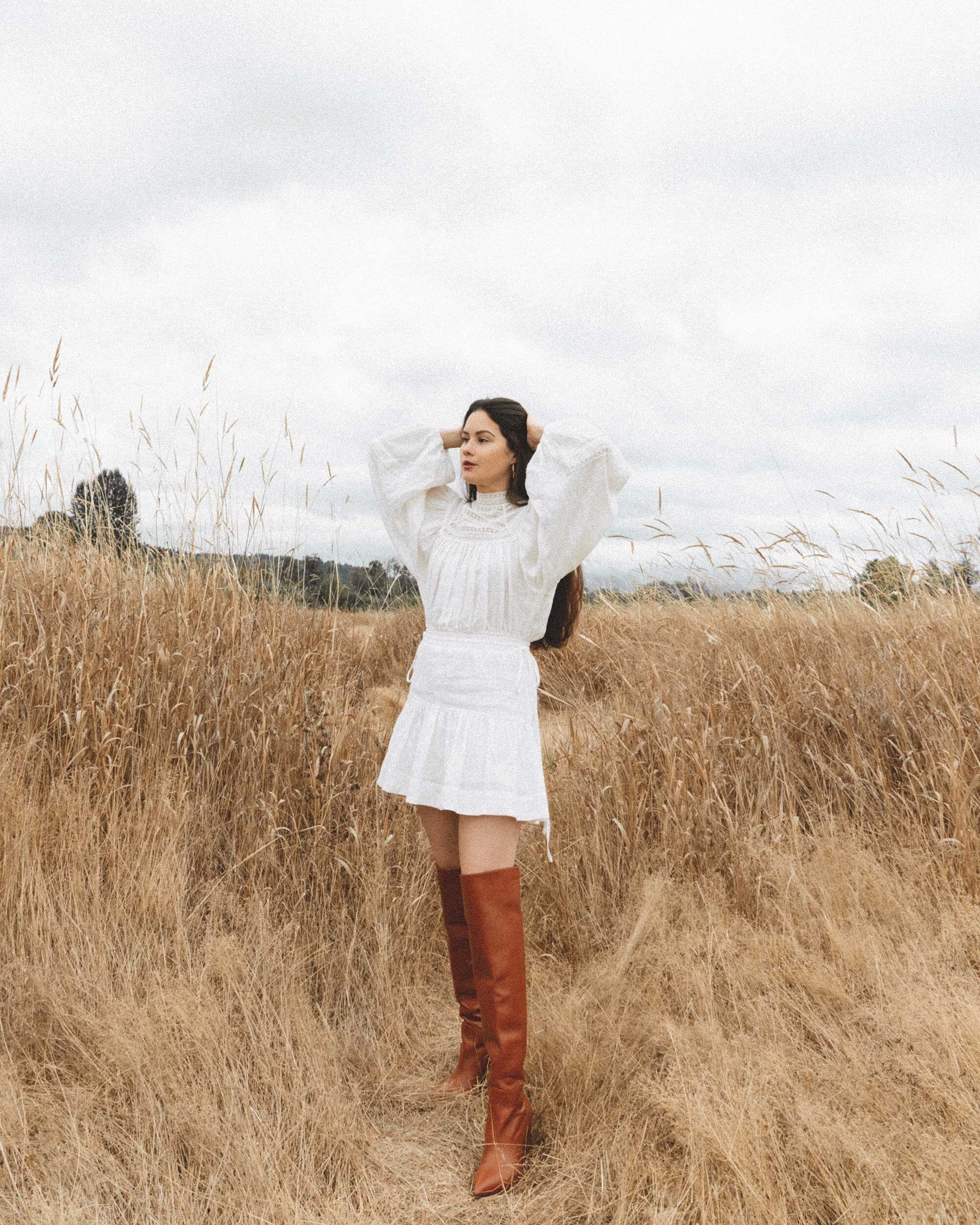 Early Fall Boot Outfit Idea. Sarah Butler of @sarahchristine wearing Shona Joy Lola high neck balloon sleeve min dress with Stuart Weitzman over the knee leather boots in countryside field of Seattle, Washington - 14.jpg