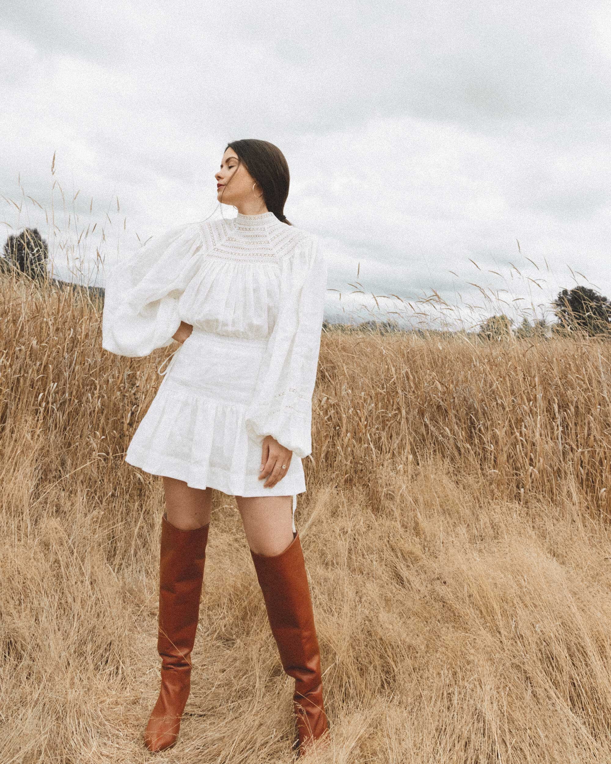 Early Fall Boot Outfit Idea. Sarah Butler of @sarahchristine wearing Shona Joy Lola high neck balloon sleeve min dress with Stuart Weitzman over the knee leather boots in countryside field of Seattle, Washington - 4.jpg