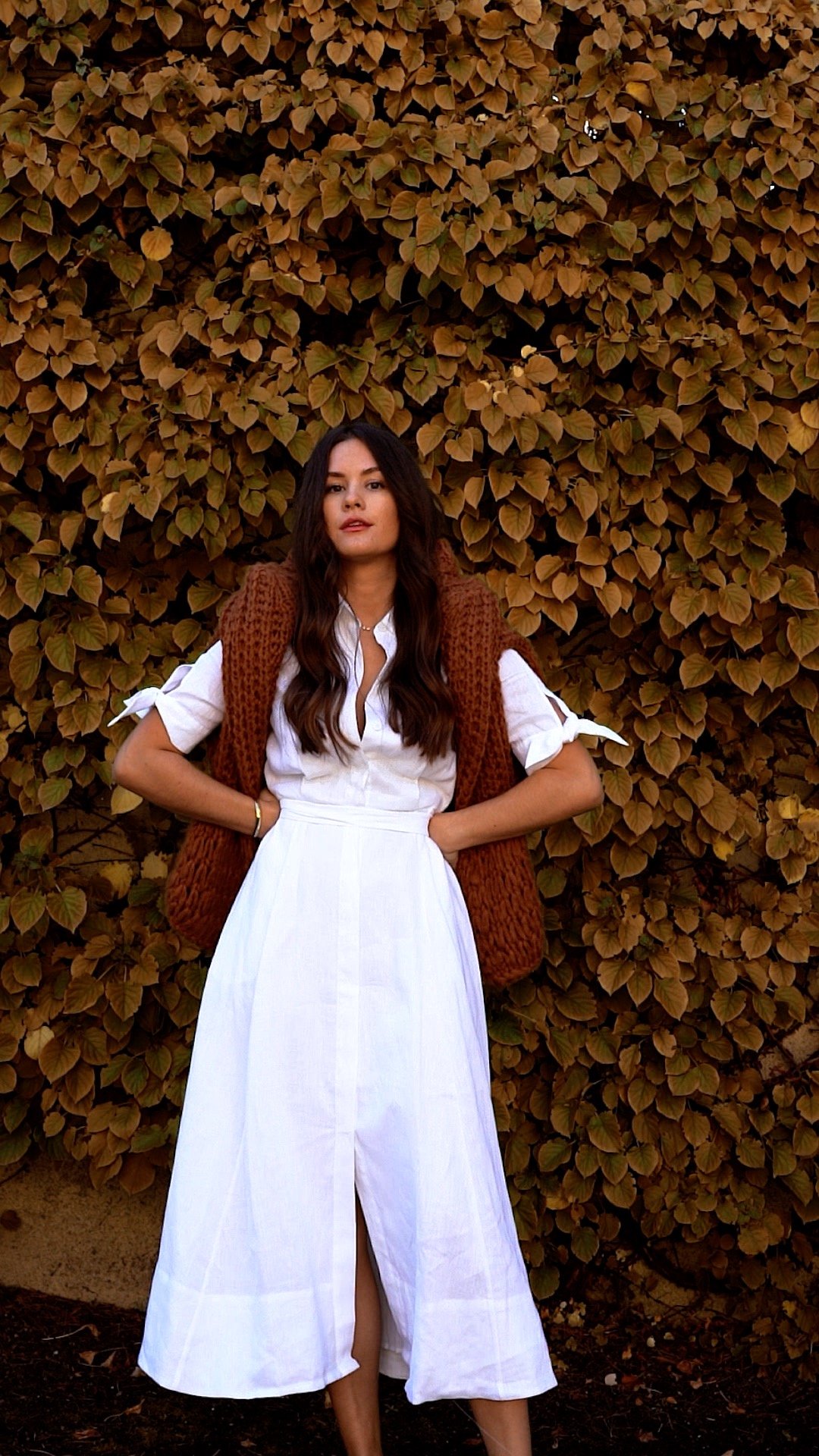 Parisian Style Fall Chic Outfits, Warm fall Outfits, Fall Brunch Outfit. @sarahchristine wearing white midi dress with brown sweater and Chanel bag outfit -2.jpg