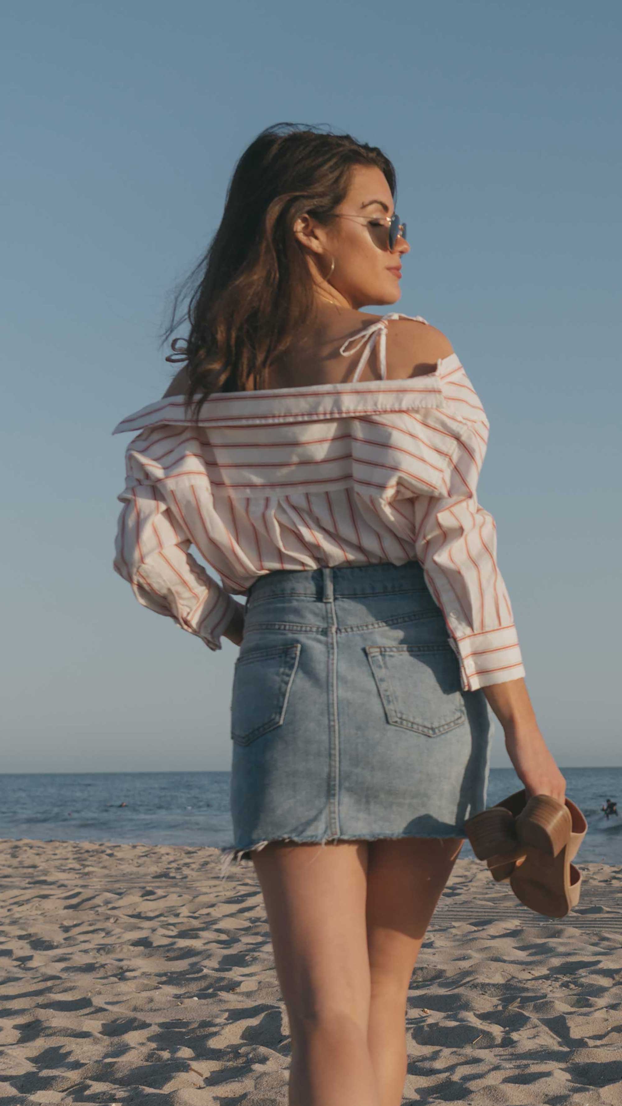 Easy Summer Outfit Idea. Sarah Butler of @sarahchristine wearing Off-the-Shoulder Stripe Button-up Shirt and Denim Mini Skirt in Newport Beach, California. summer outfit, summer outfit ideas, casual summer outfits -1.jpg