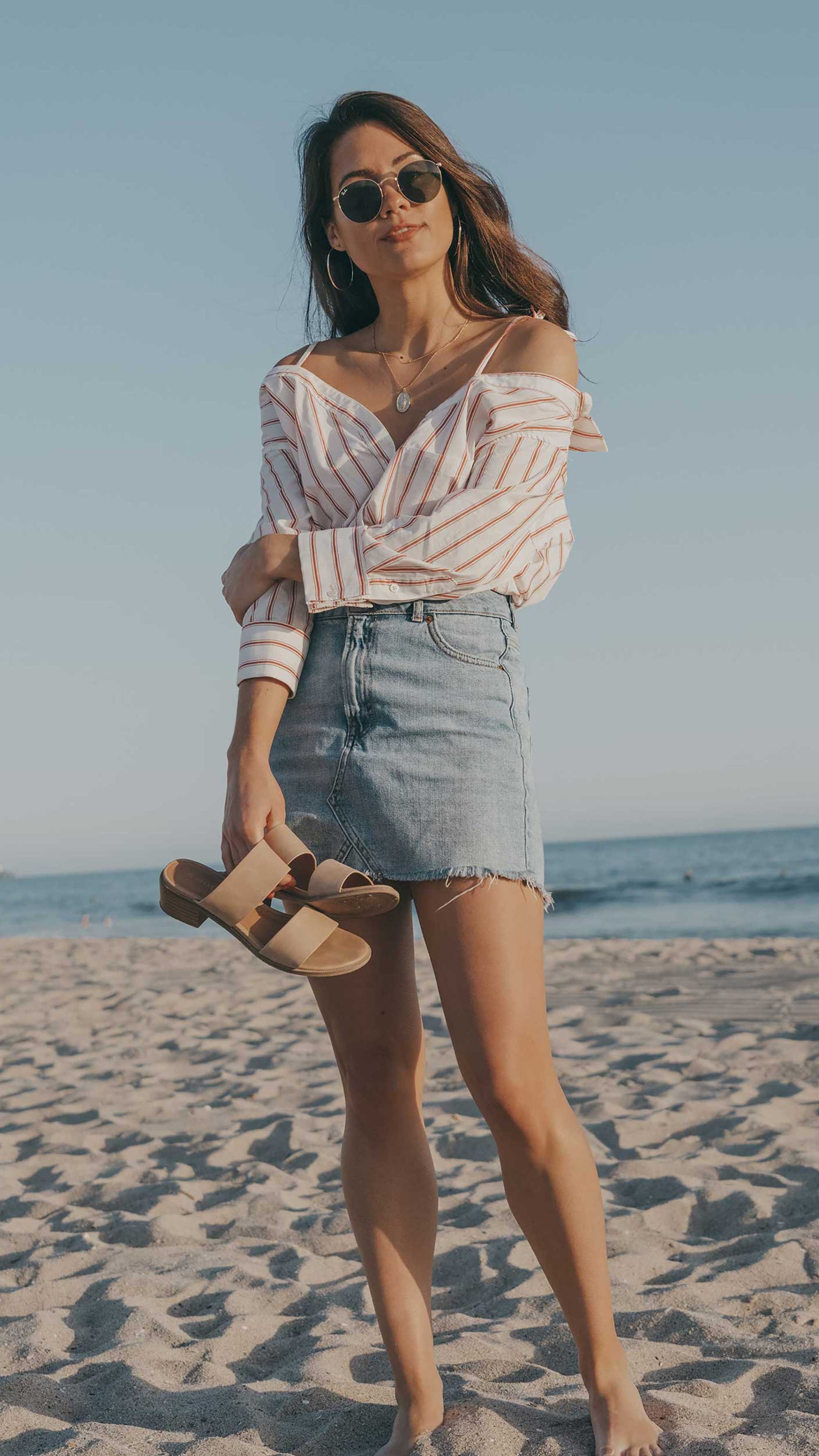 Easy Summer Outfit Idea. Sarah Butler of @sarahchristine wearing Off-the-Shoulder Stripe Button-up Shirt and Denim Mini Skirt in Newport Beach, California. summer outfit, summer outfit ideas, casual summer outfits -2.jpg