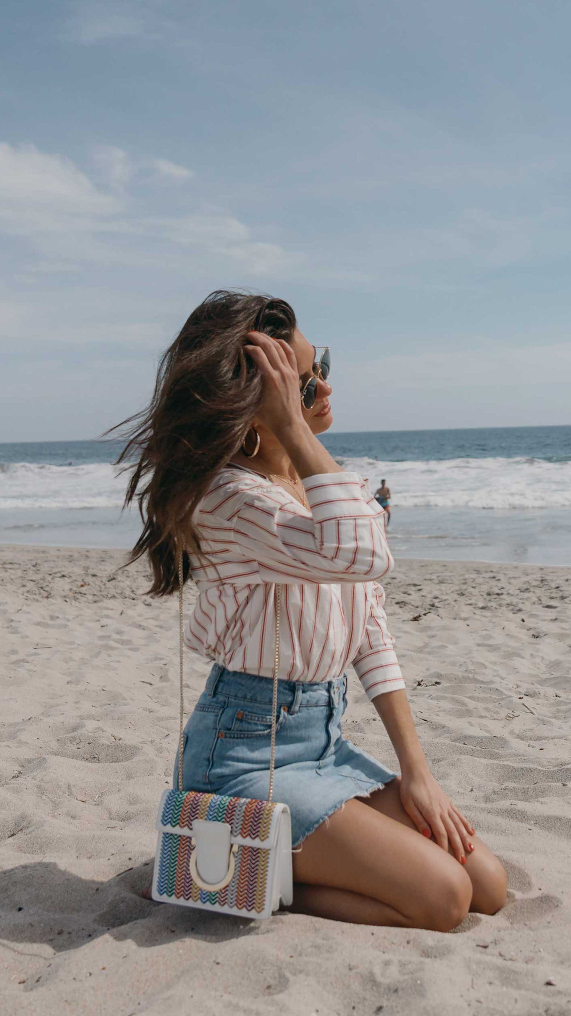 Easy Summer Outfit Idea. Sarah Butler of @sarahchristine wearing Off-the-Shoulder Stripe Button-up Shirt and Denim Mini Skirt in Newport Beach, California. summer outfit, summer outfit ideas, casual summer outfits -5.jpg