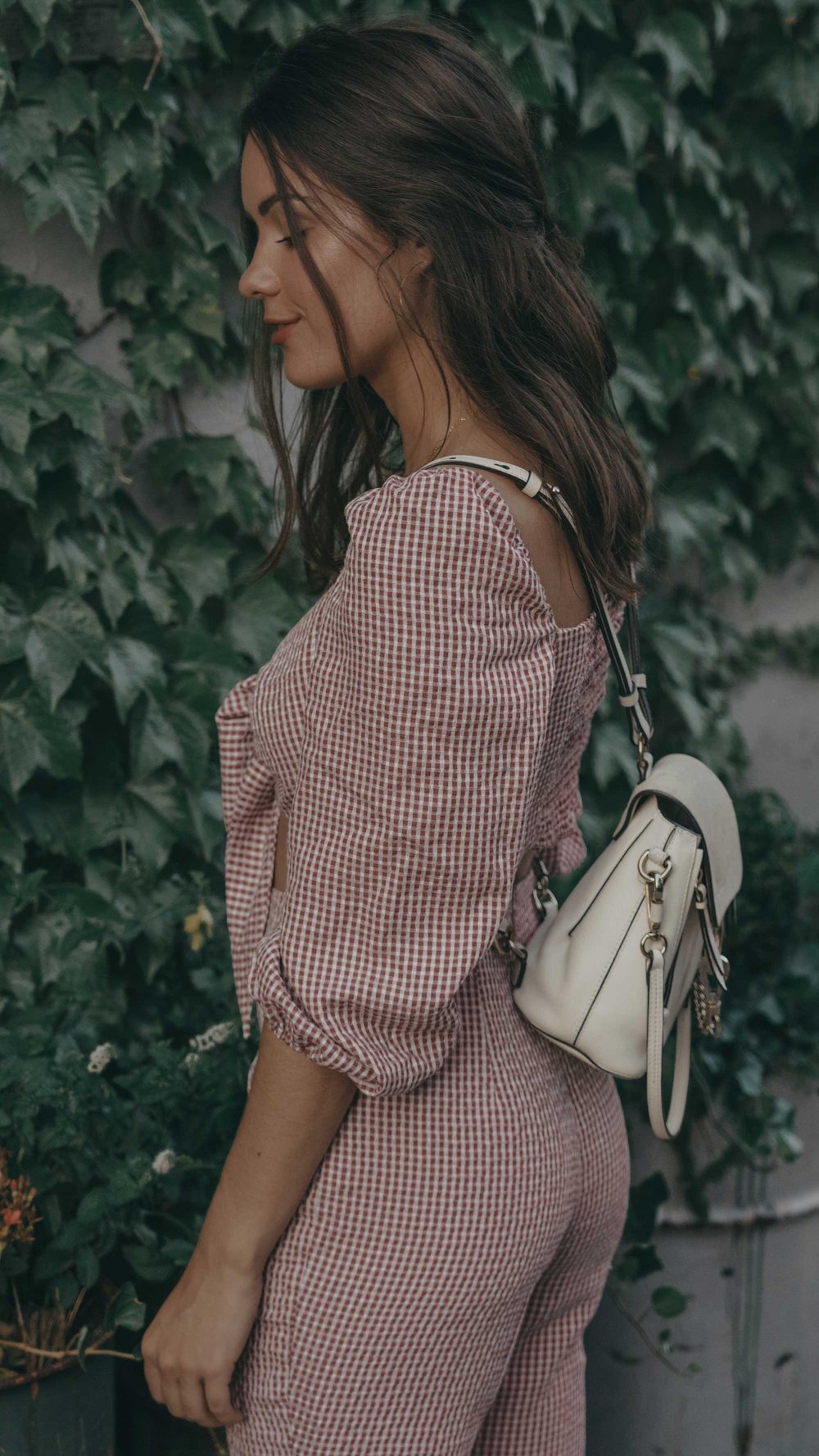 Gingham Summer Outfit. Sarah Butler of @sarahchristine wearing gingham crop top and pants coordinating set for a chic summer look -6.jpg