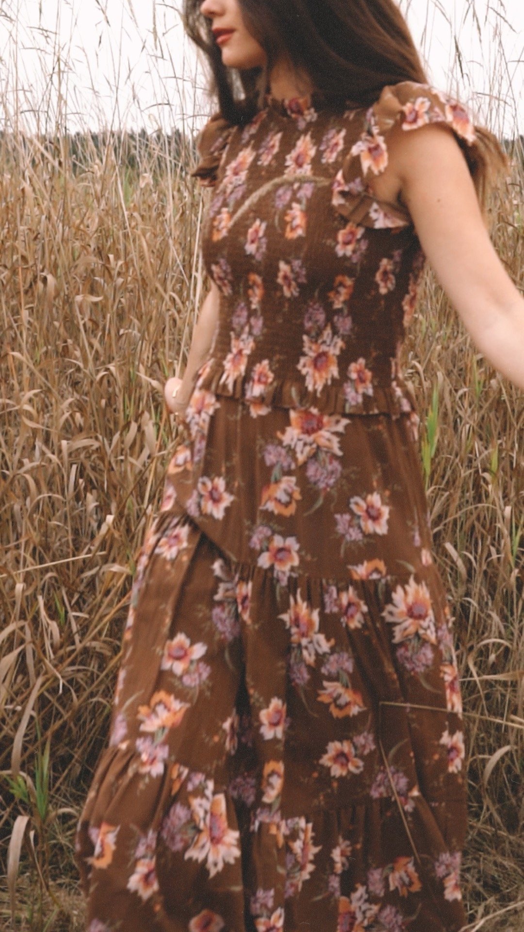 Sarah Butler of @sarahchristine wearing Brown Floral Fall Midi Dress in autumn field -1.jpg