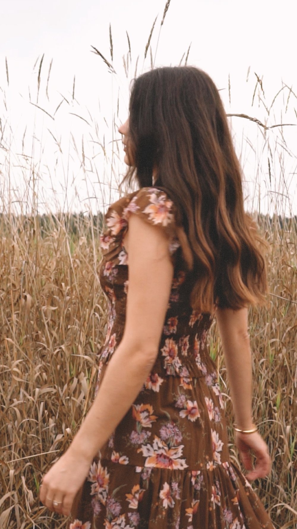 Sarah Butler of @sarahchristine wearing Brown Floral Fall Midi Dress in autumn field -2.jpg