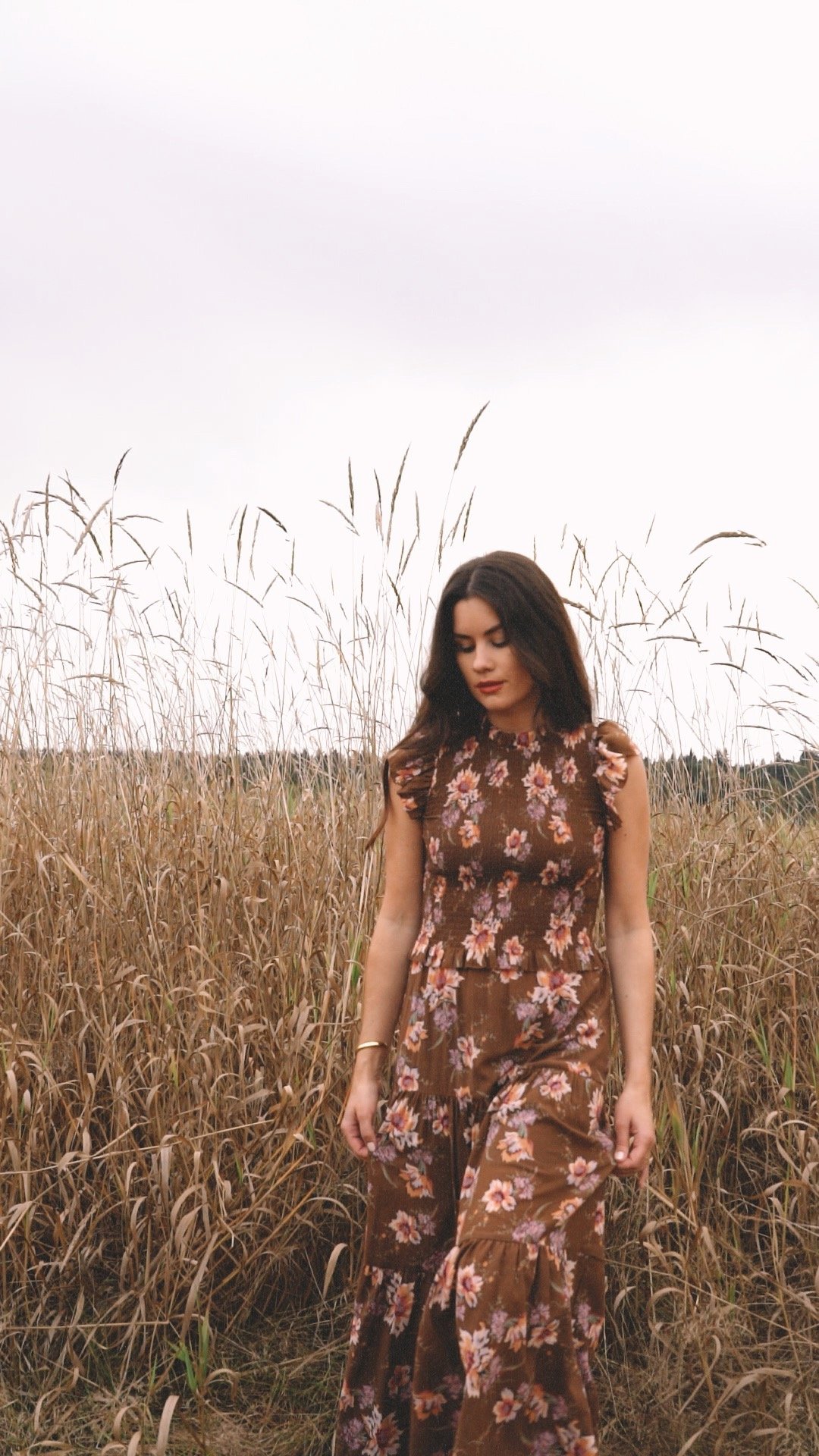 Sarah Butler of @sarahchristine wearing Brown Floral Fall Midi Dress in autumn field -4.jpg