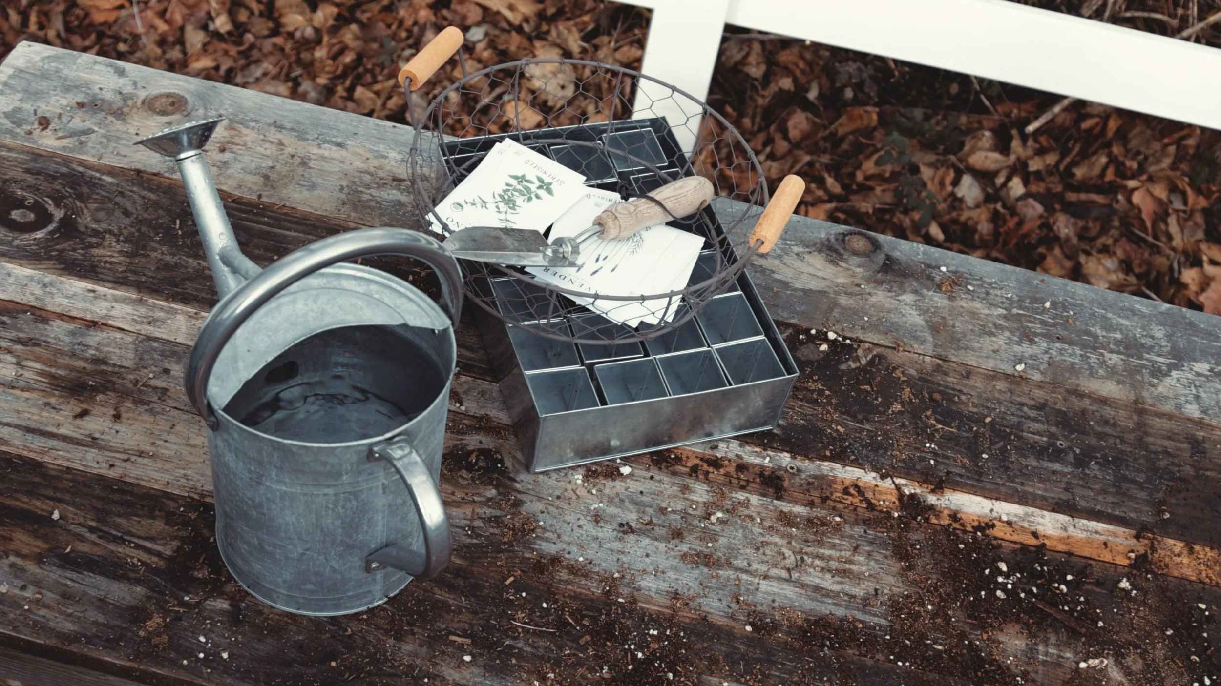 Seed starting supplies on a wooden table for February flower farm planning