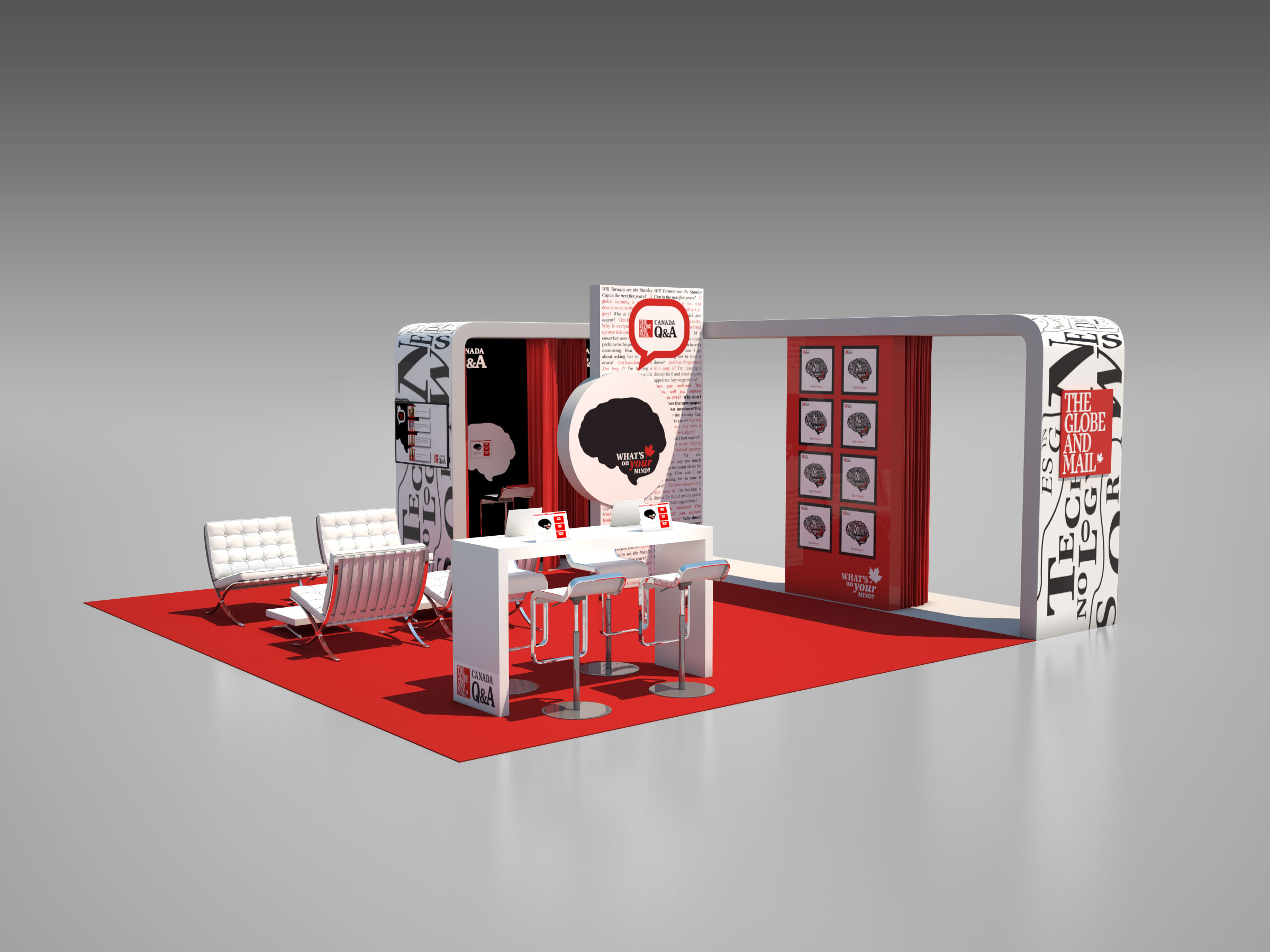 The original 20' x 20' activation pitched to Globe & Mail. It would be a lounge where consumers could hang out, check out the app, interact with Brand Ambassadors and chill out during the Canadian International Auto Show. The framed portraits on the wall would have been famous Canadians' theoretical top-of-mind themes. We also included a live Twitter feed (behind chairs) that would showcase people's questions that were being asked during the Auto Show.