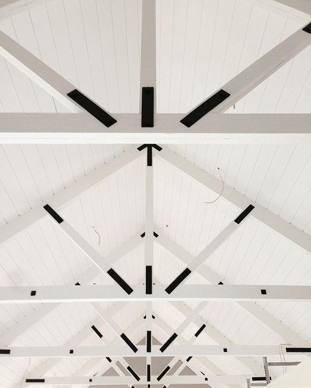 The ceiling from yesterday's site visit #exposedtrusses #blackandwhite #interiordesign