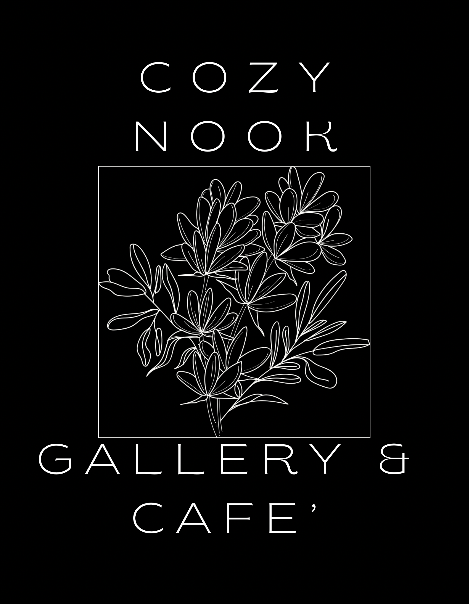 Black background with white text reading "Cozy Nook Gallery & Cafe" and a line art illustration of leaves in the center.