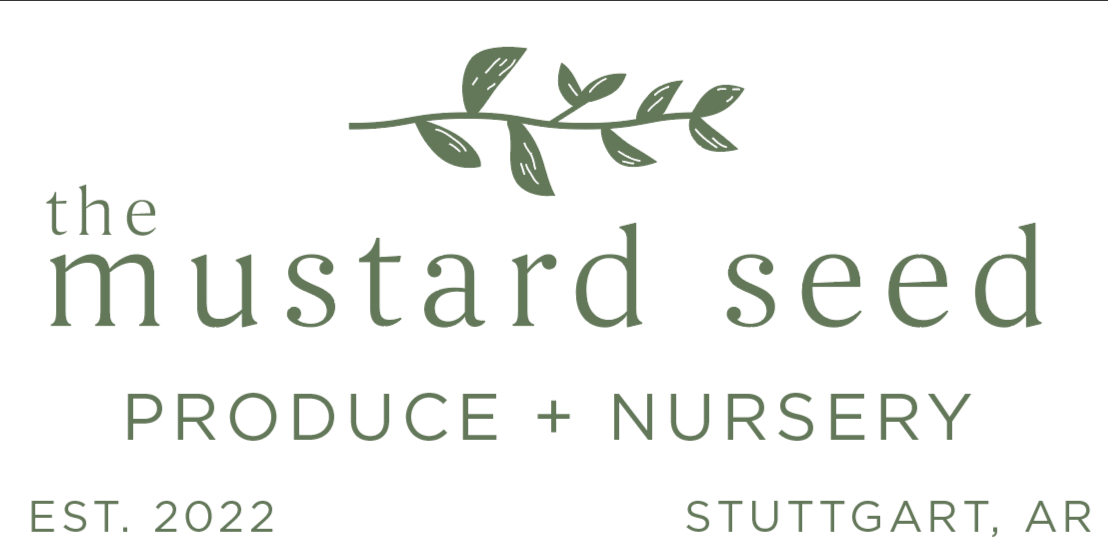 Logo for The Mustard Seed Produce & Nursery with a green leaf illustration, text indicating it was established in 2022 in Stuttgart, Arkansas.