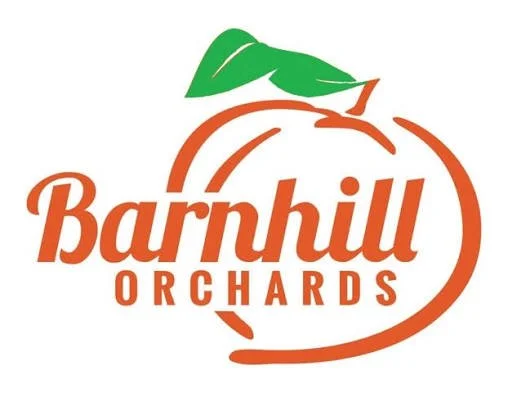 Logo for Barnhill Orchards featuring an orange outline of an apple with a green leaf on top and the text 'Barnhill Orchards' inside.