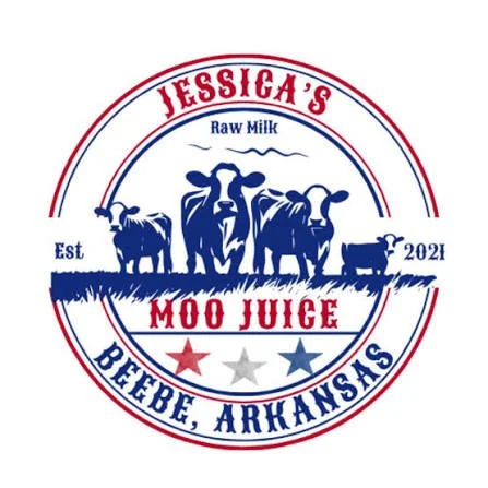 Logo for Jessica's Moo Juice, a raw milk farm in Beebe, Arkansas, established in 2021, featuring a herd of cows.