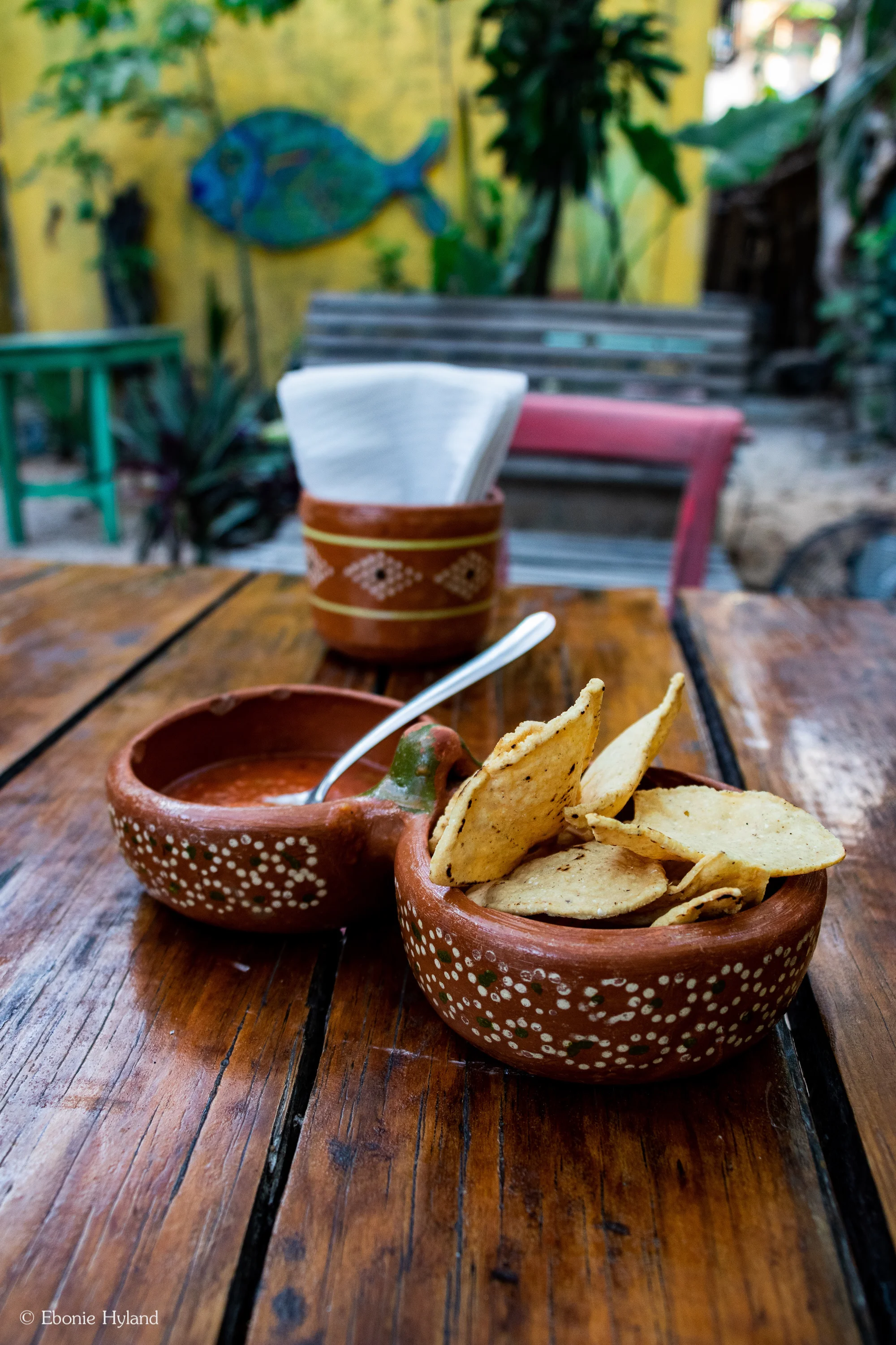 Complimentary Salsa with Tortilla Chips served at El Vegetariano Mar y Tierra. Tulum, Mexico 2019