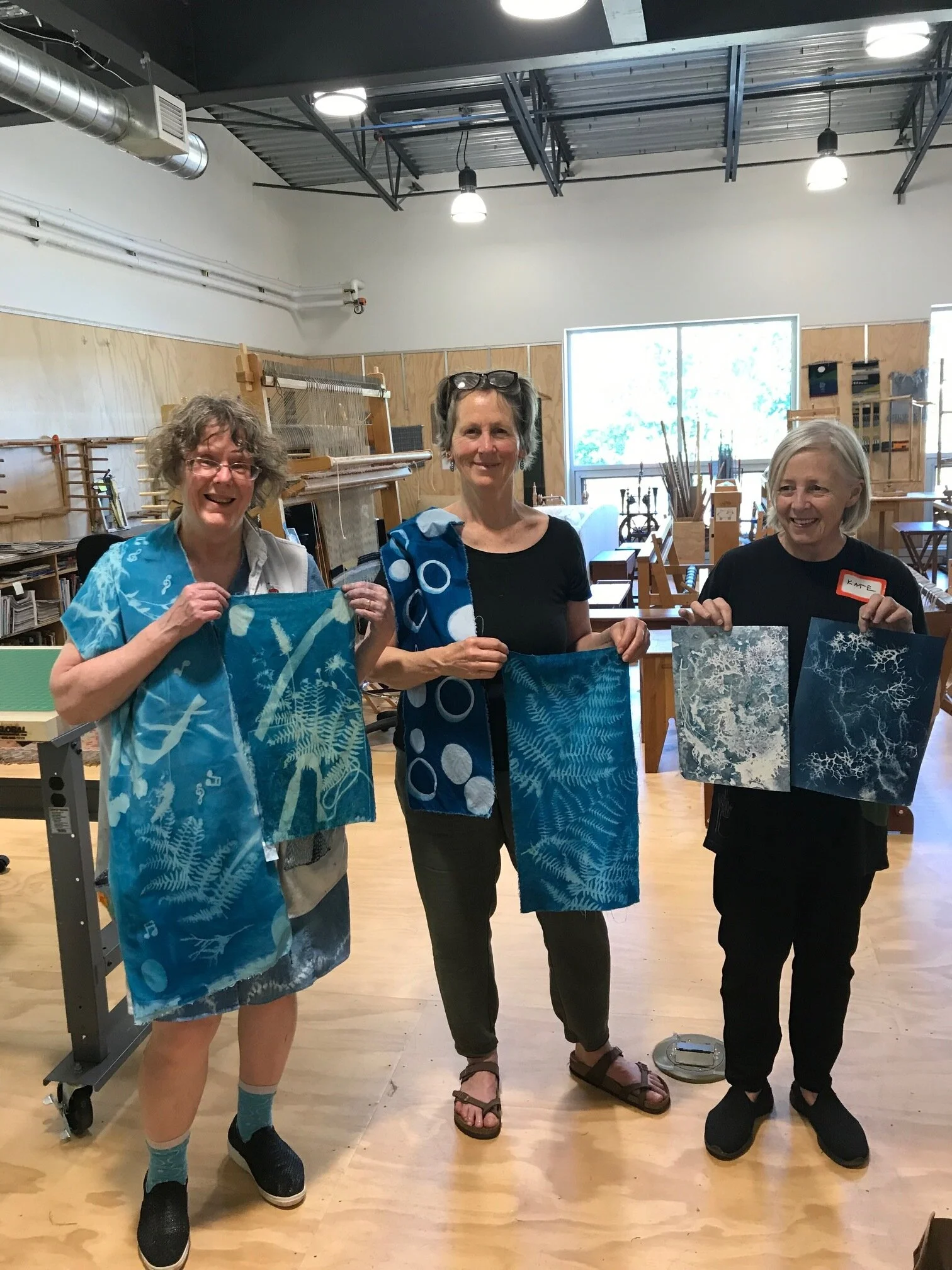 Cyanotype on Textiles students at BARN (Bainbridge Artisan Resource Network), July 2019