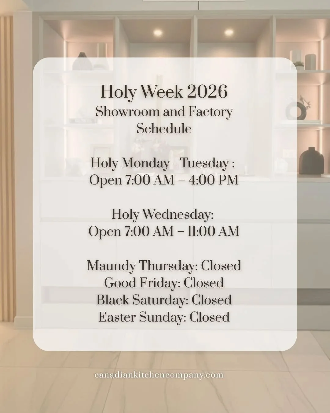 Please be guided by our showroom and factory schedule for Holy Week.🕊️🌿

Wishing you a quiet, restful, and blessed long weekend with your loved ones.