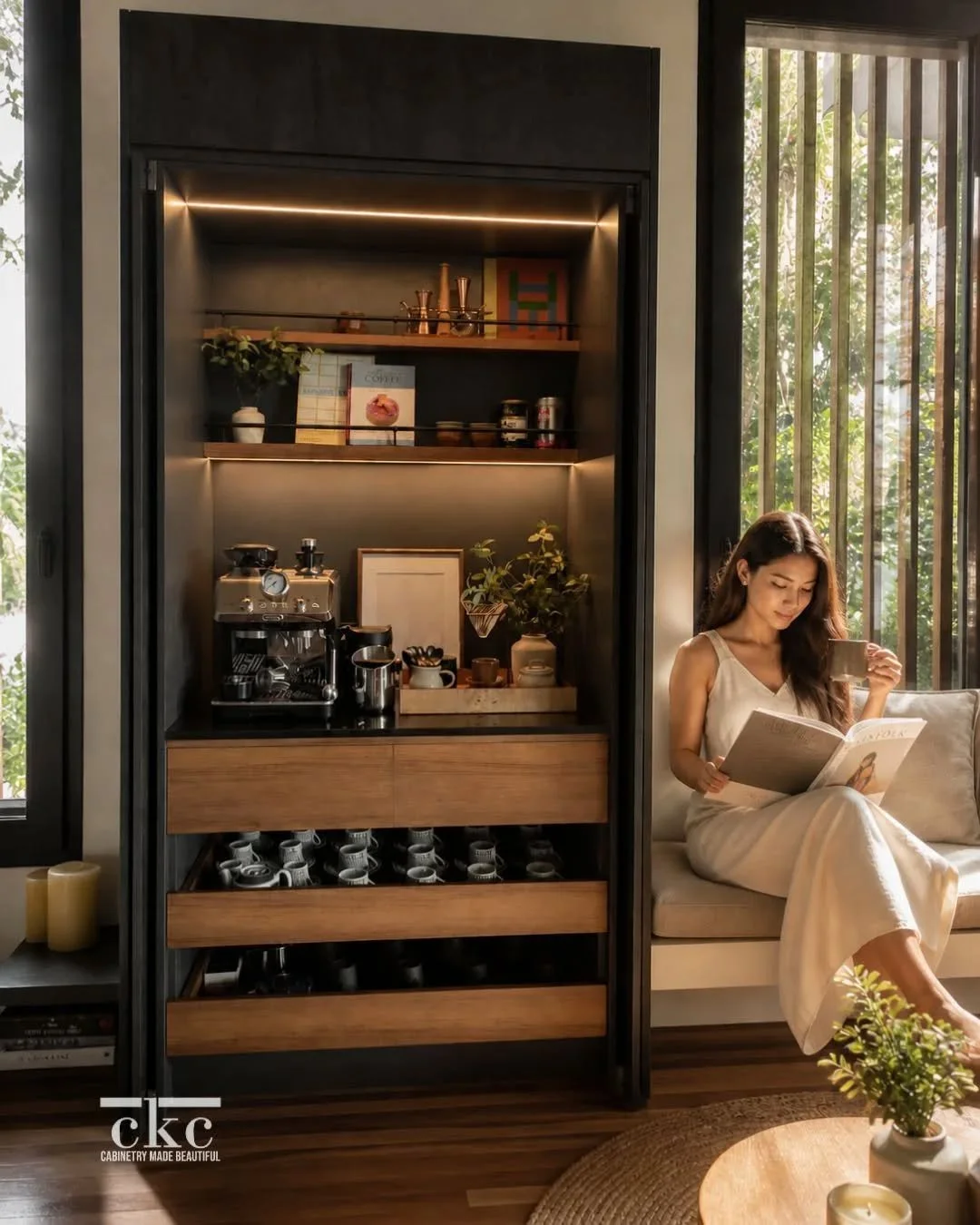 Your coffee corner, quietly tucked away.

A hidden coffee bar designed with layered lighting, organized storage, and a seamless finish&mdash;so everything you need is within reach, yet never in the way.

Join our waitlist to start your own ✨