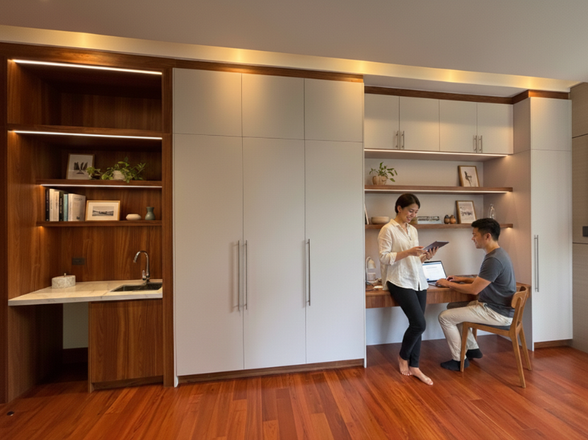 Couple enjoying a custom-designed luxury home office in Manila featuring a built-in wet bar, warm wood open shelving, and floor-to-ceiling white joinery.