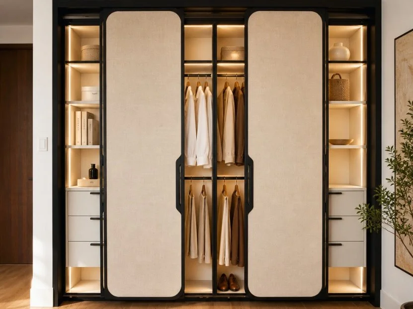 Luxury wardrobe with bespoke panel doors, warm LED lighting, and refined semi-modular cabinetry for modern high-end homes.