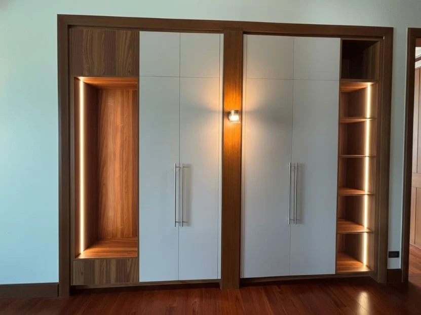 Modern custom built-in wardrobe in the Philippines featuring integrated warm LED strip lighting, wood grain open display shelves, and sleek white cabinet doors.