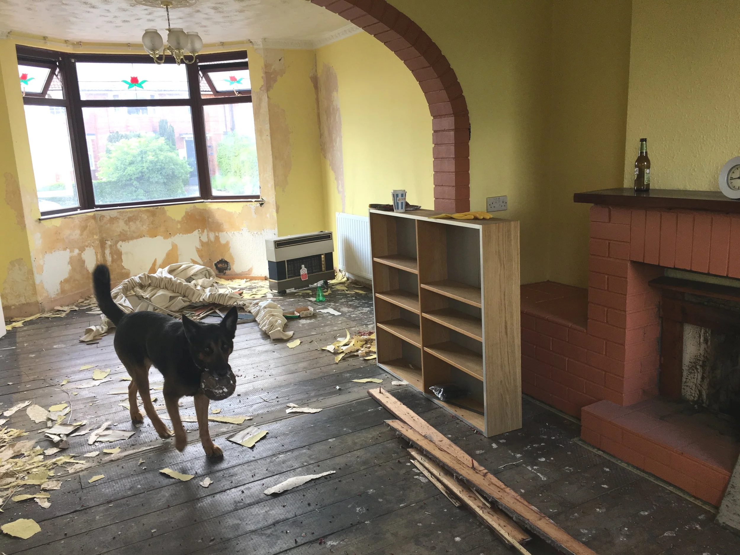 Midway through the lounge/dining area - carpets up & wallpaper starting to come down