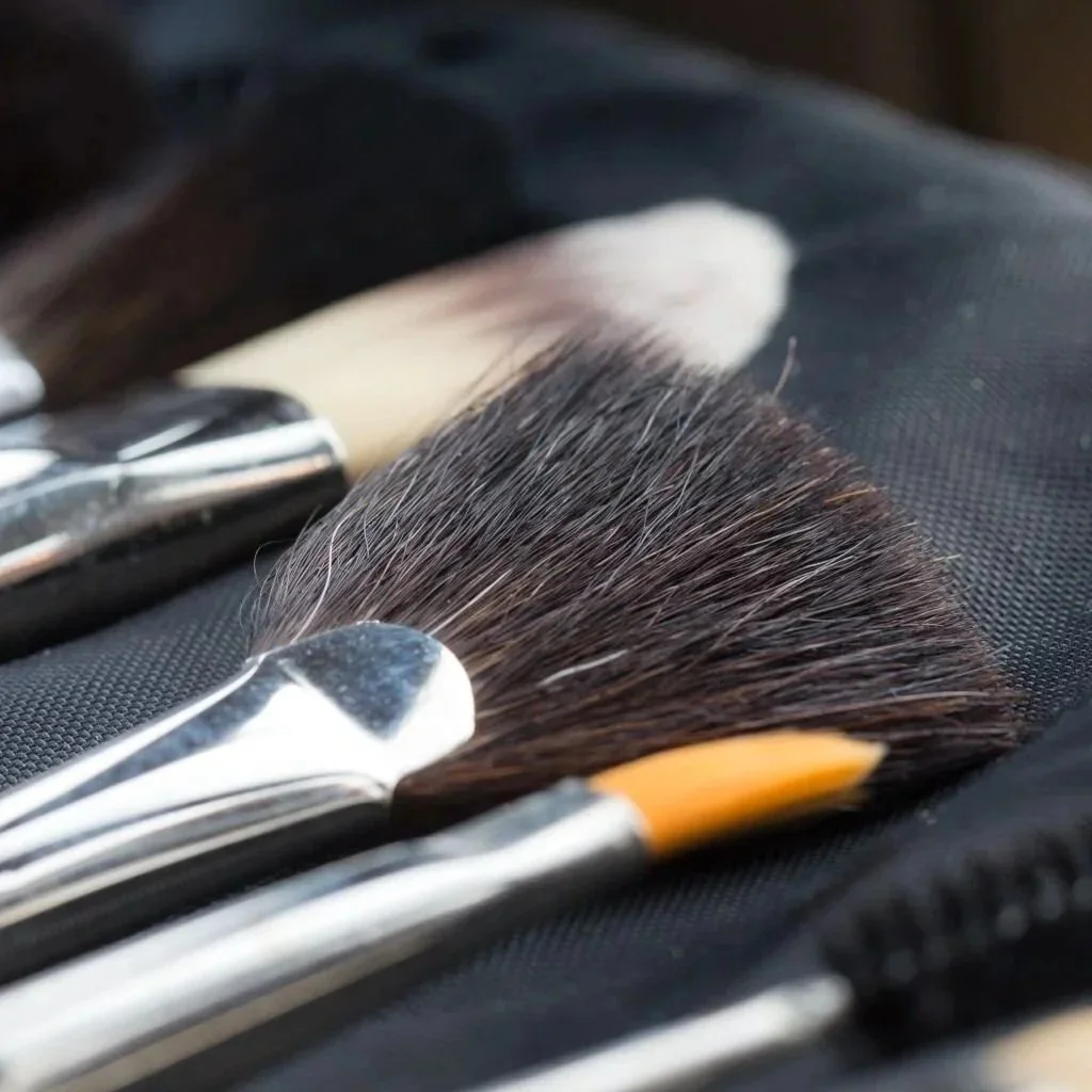 professional makeup brushes laid out for makeup lesson