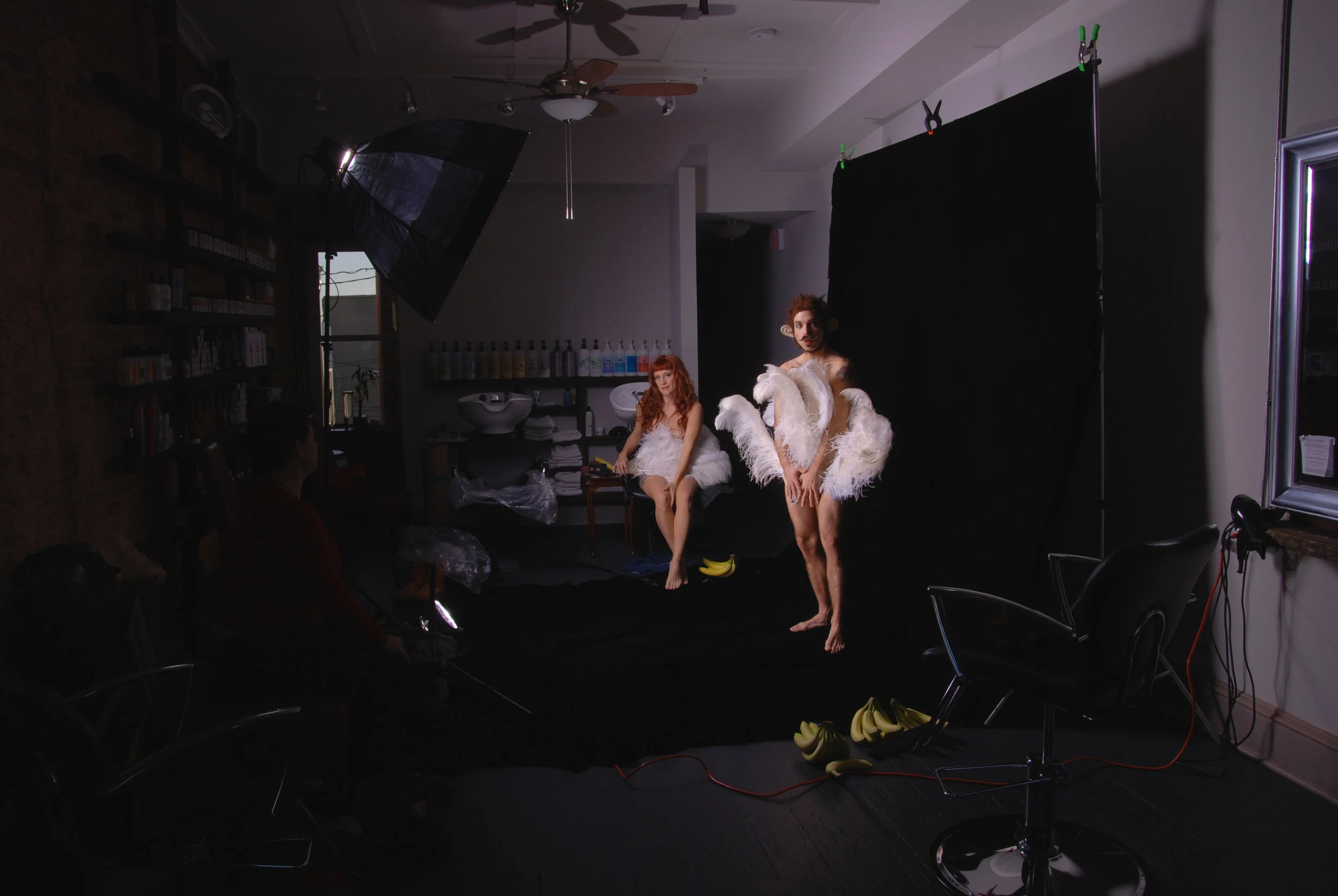 Trixie & Monkey preparing for the Us Naked poster photo-shoot at Nikki Verdecchia Berry's hair salon, Baltimore, Maryland, 2012, Photo by Mike Lee