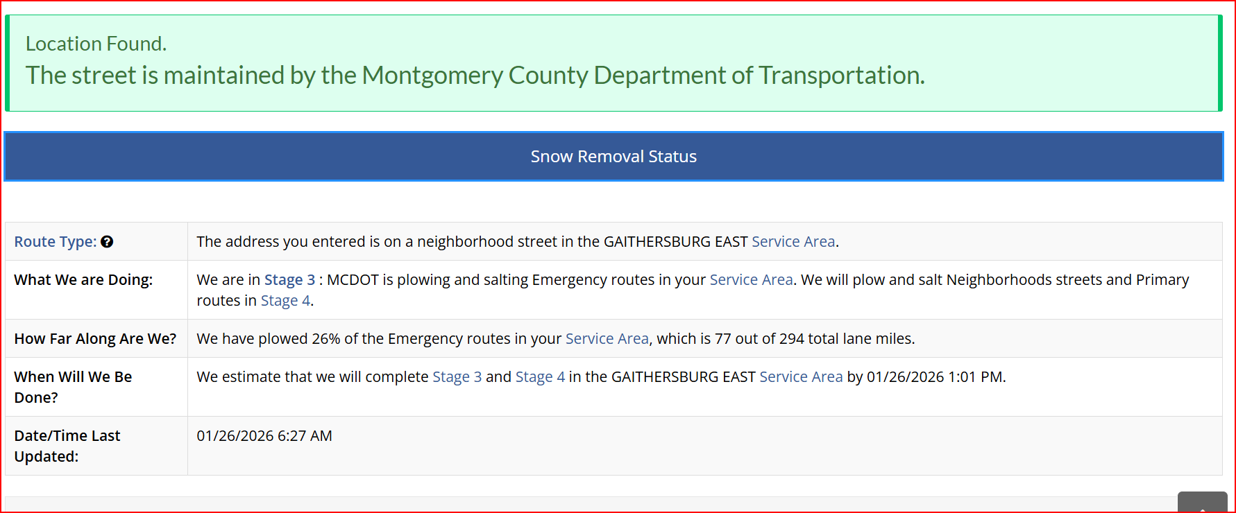 Screenshot of Snow Removal Status