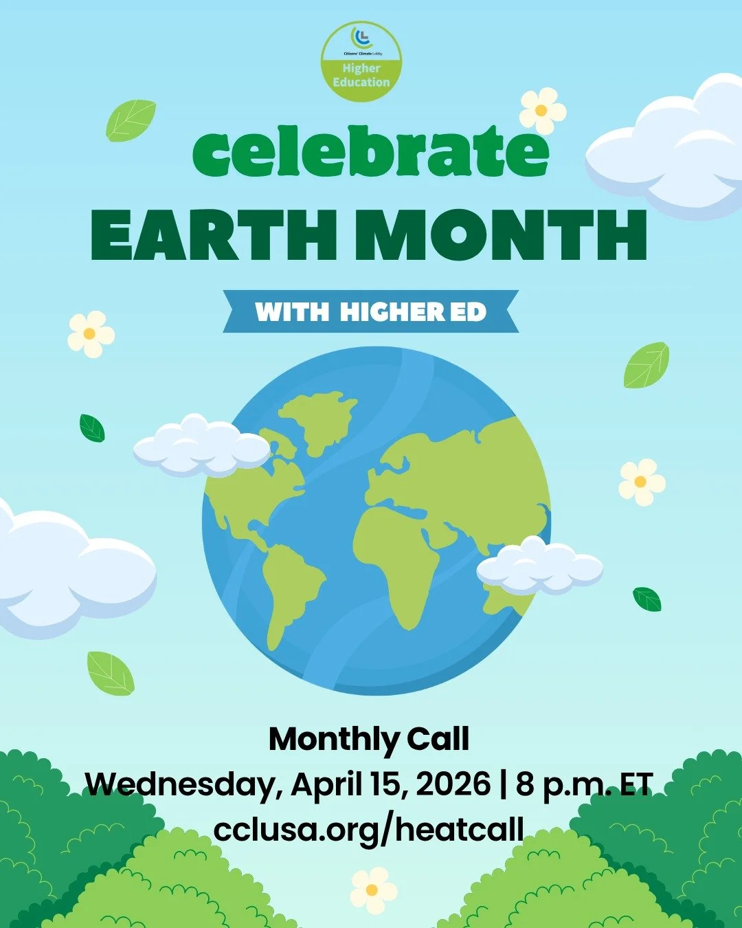 Campus leaders and student members are invited to the monthly Higher Ed Action Team Call!

Join us on April 15 at 8 p.m. ET to connect with the membership of our national team.

Agenda includes:

▶ Earth Month Celebration!
▶ New CCL Community Agreeme