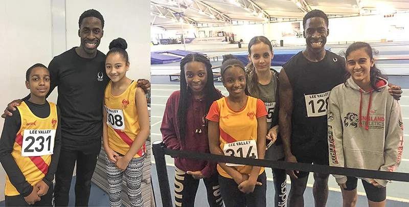 Some of the Club's young sprinters with fellow competitor Dwain Chambers at the Lee Valley December Open meeting.