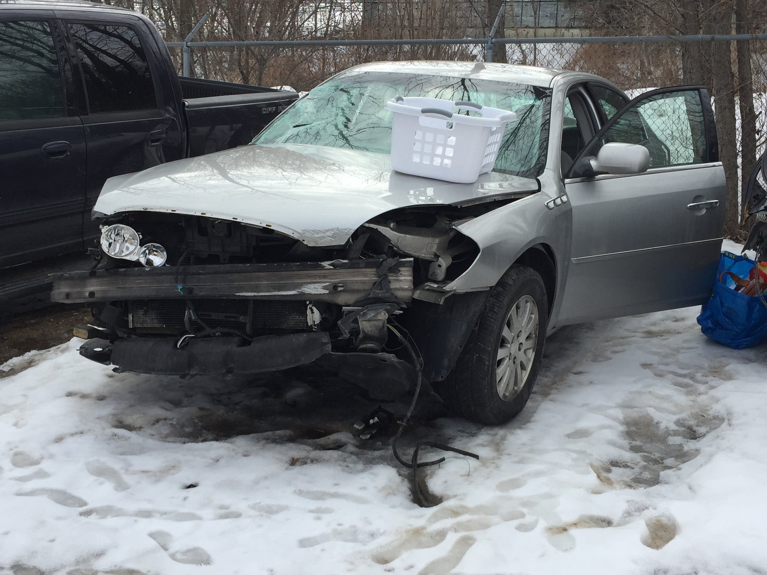 The entire front bumper was in pieces all over the interstate.