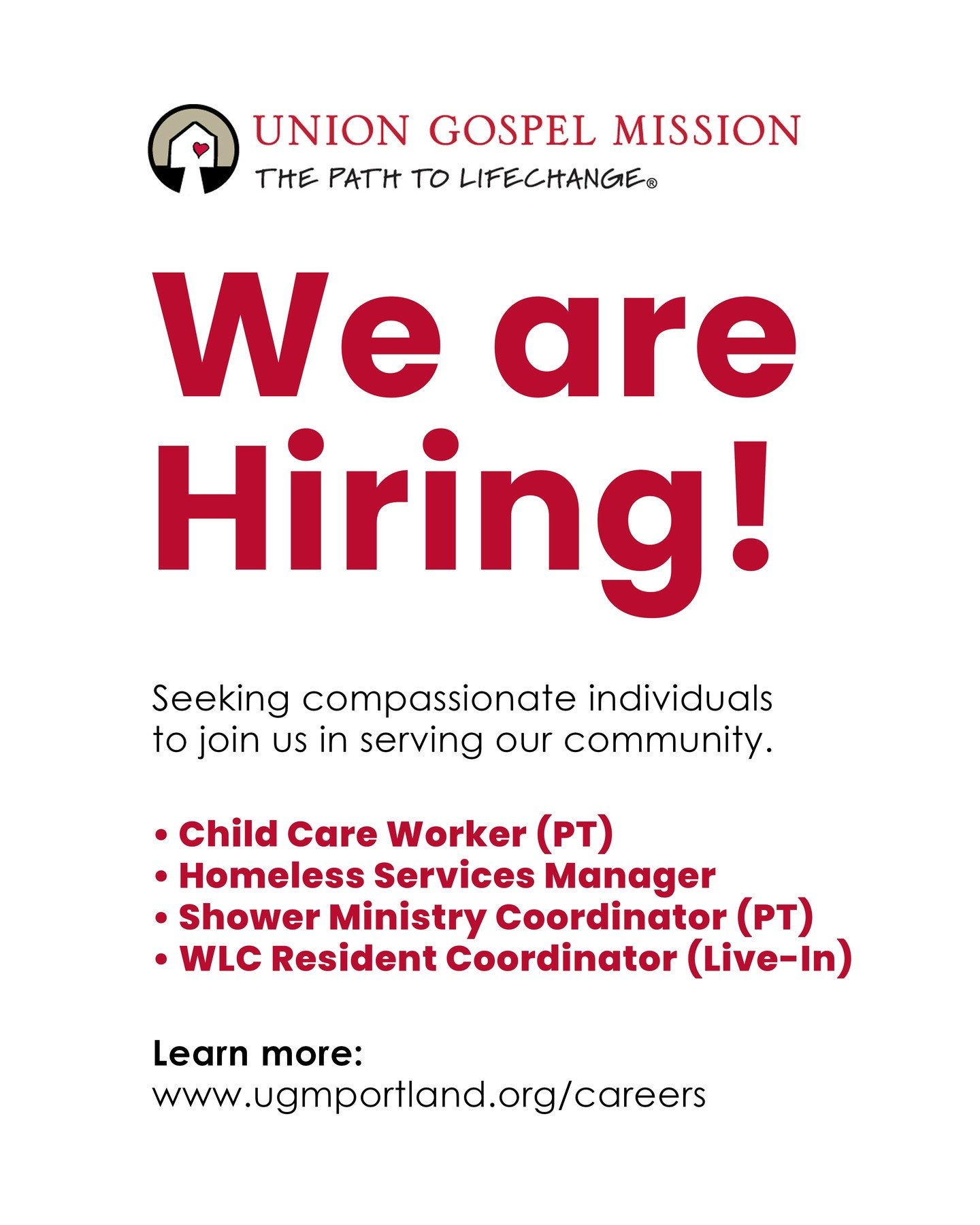 Are you looking for meaningful work rooted in Christ-centered service? Join the mission at Union Gospel Mission Portland! We&rsquo;re currently hiring for four roles:

Child Care Worker (Part Time) &ndash; Support kids ages 6-18 with trauma-informed 