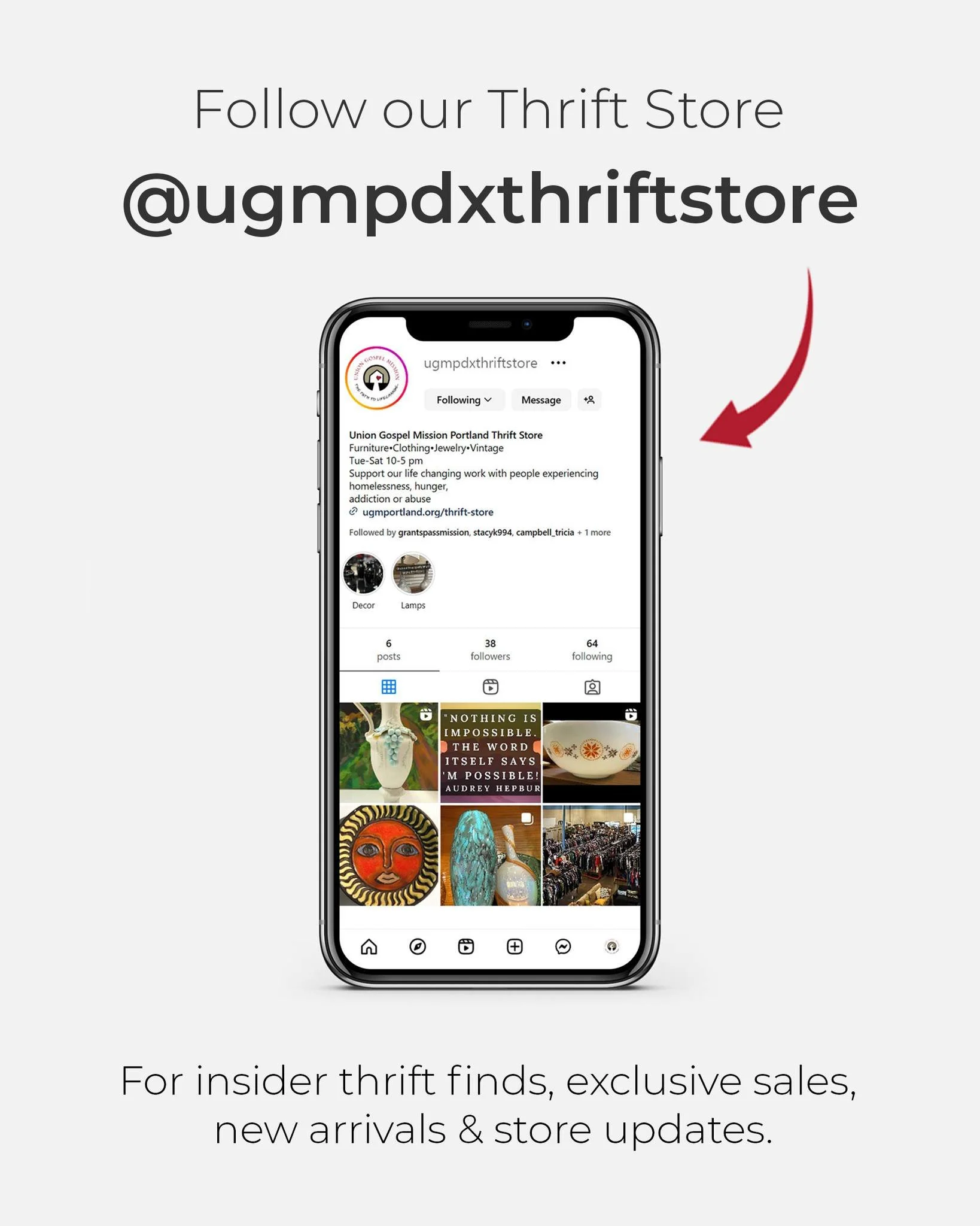 Are you following Union Gospel Mission's Thrift Store?
Go visit the @ugmpdxthriftstore page and while you're there, give us a follow for insider thrift finds, exclusive sales, new arrivals &amp; store updates.