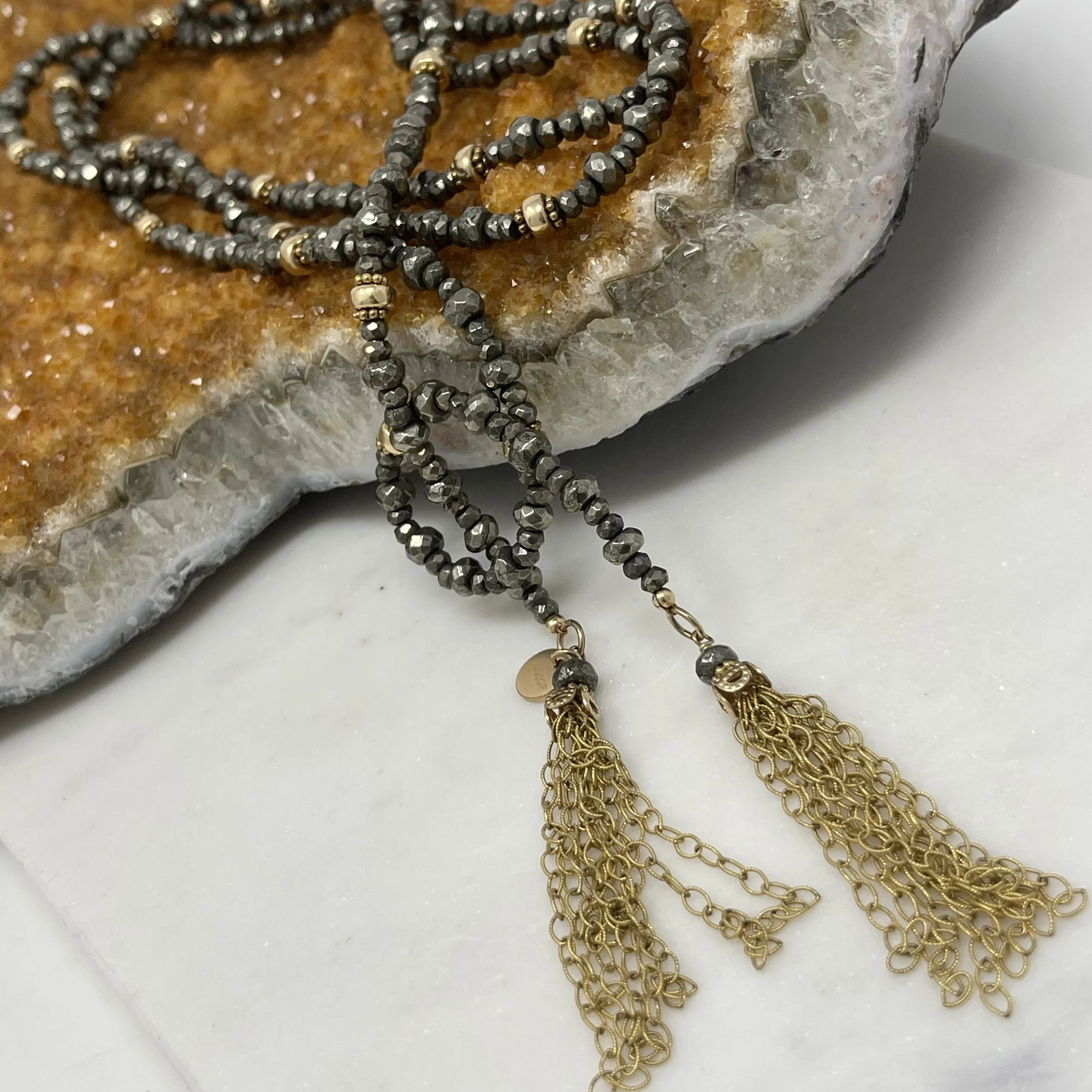 Pyrite Gold Chain Tassel Lariat Necklace