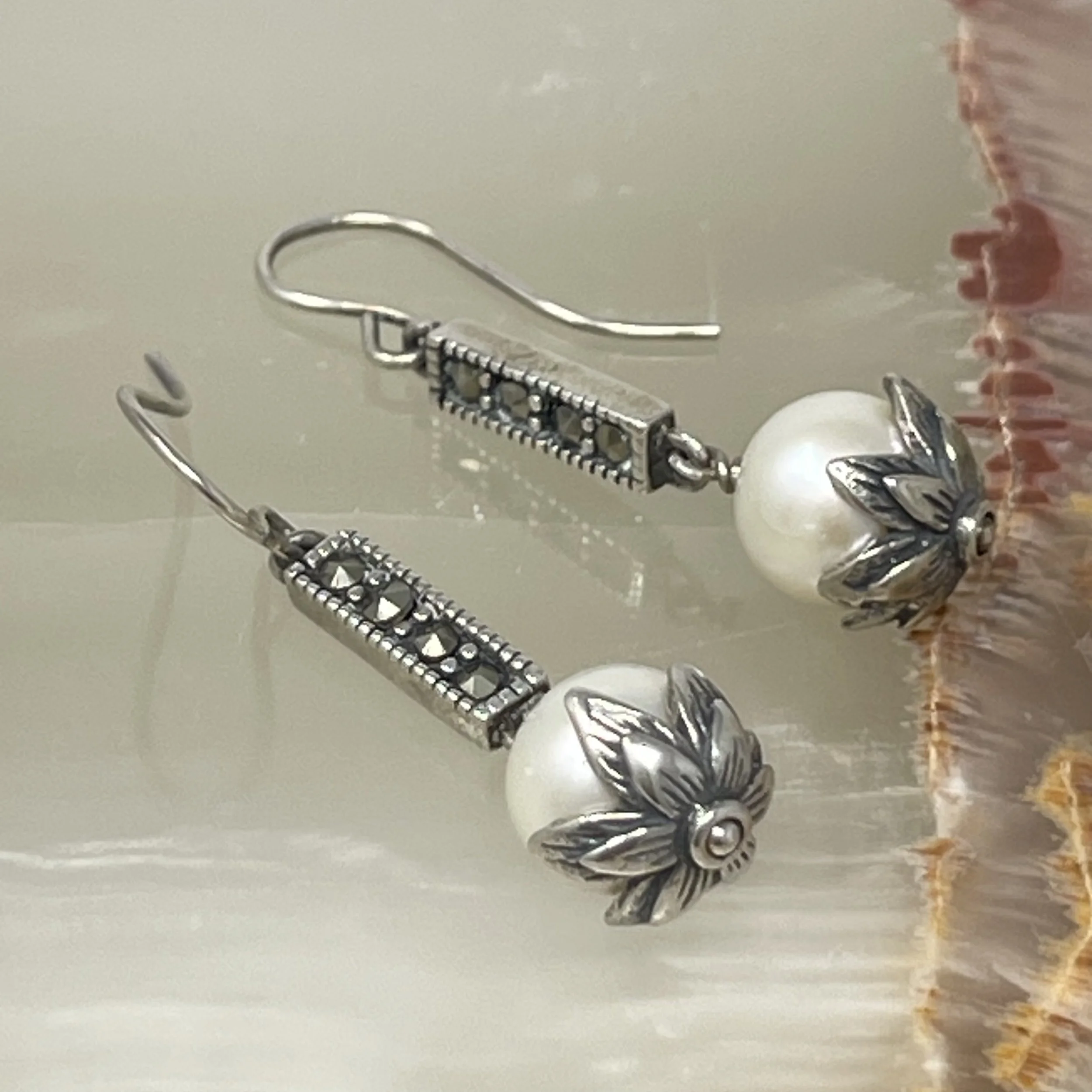 Pearl Flower Cap Marcasite Earrings