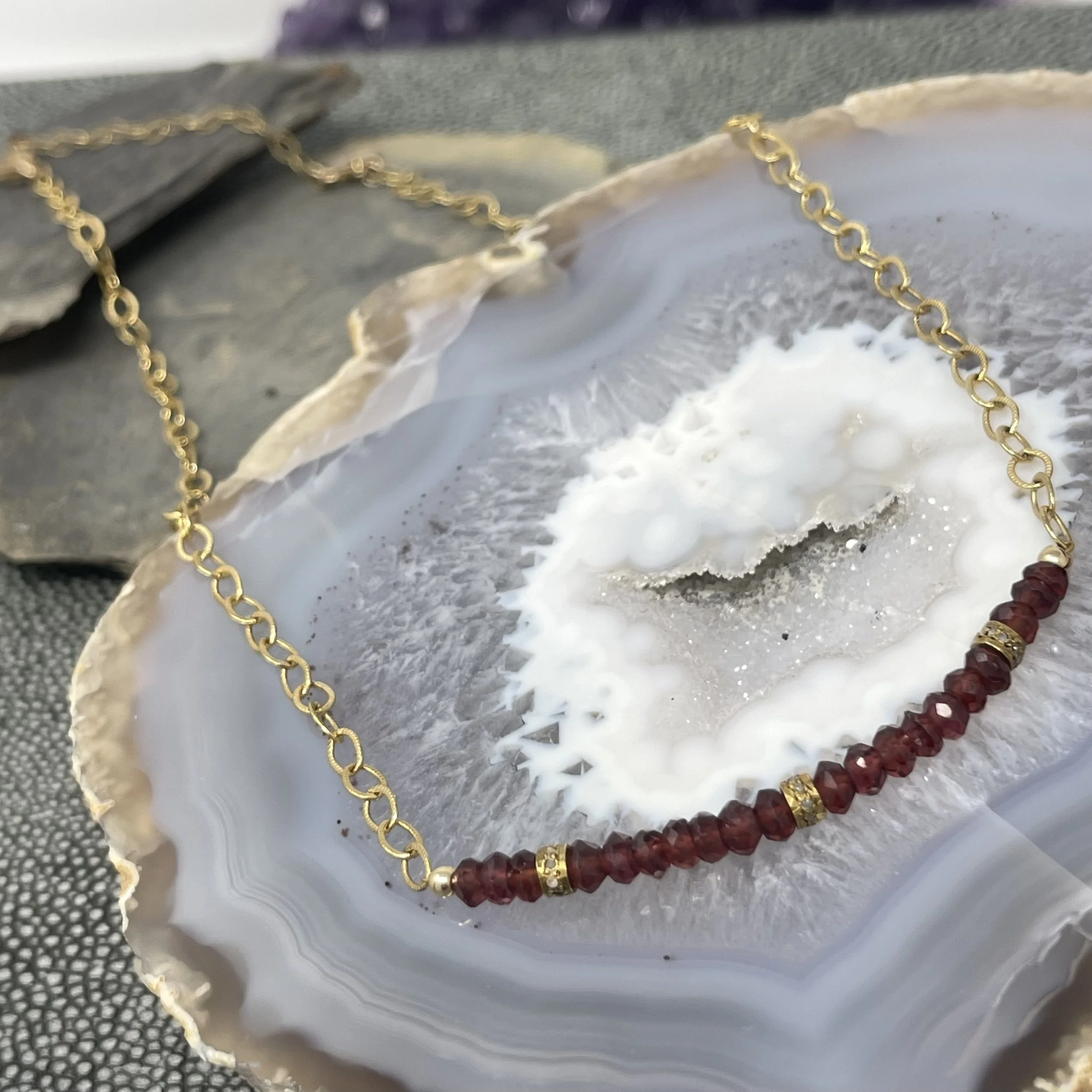 Rhodolite Garnet Diamond Station Gold Chain Necklace
