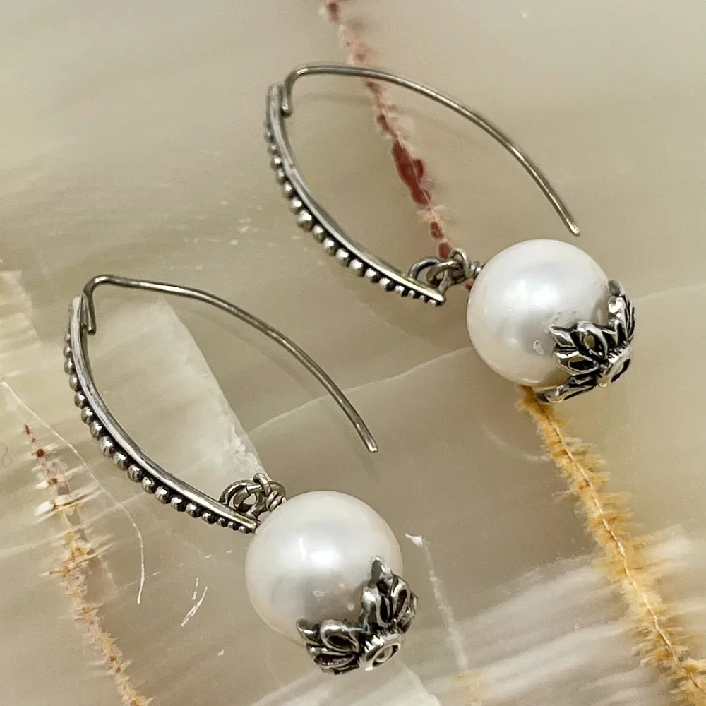 Pearl Flower Cap Long Bali Silver Earrings