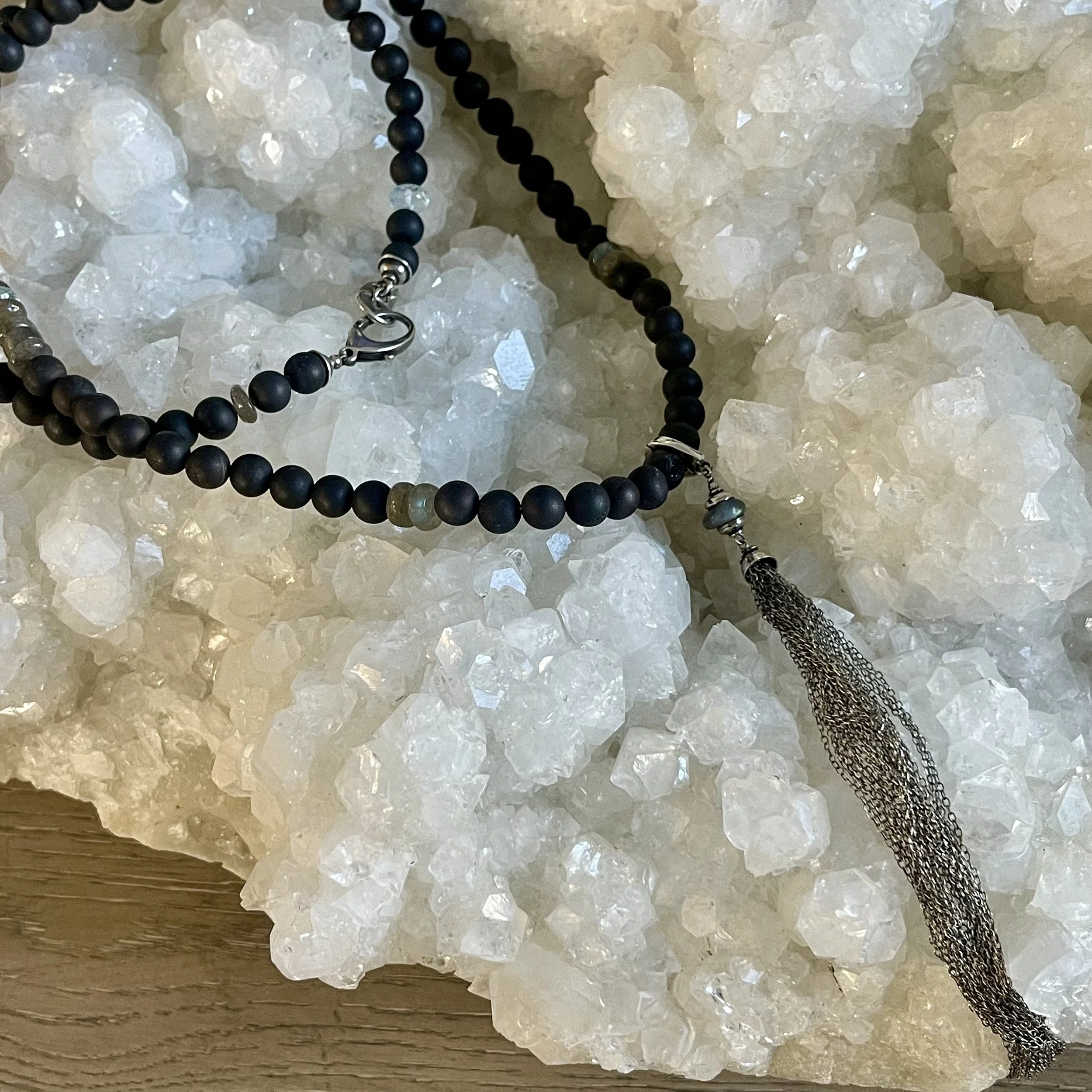 Black Drusy Sterling Chain Tassel Necklace