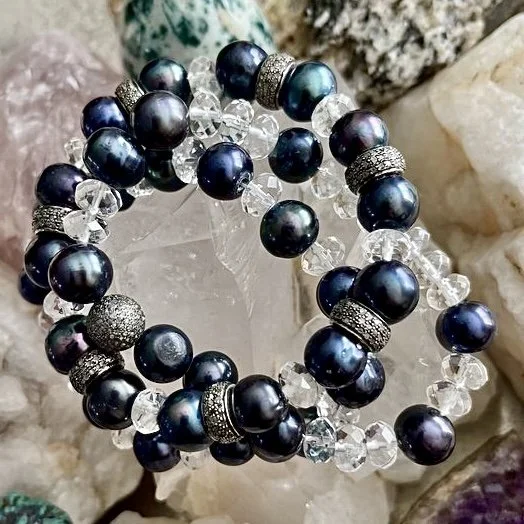 Pave Diamond Pearl Quartz Crystal Bracelets